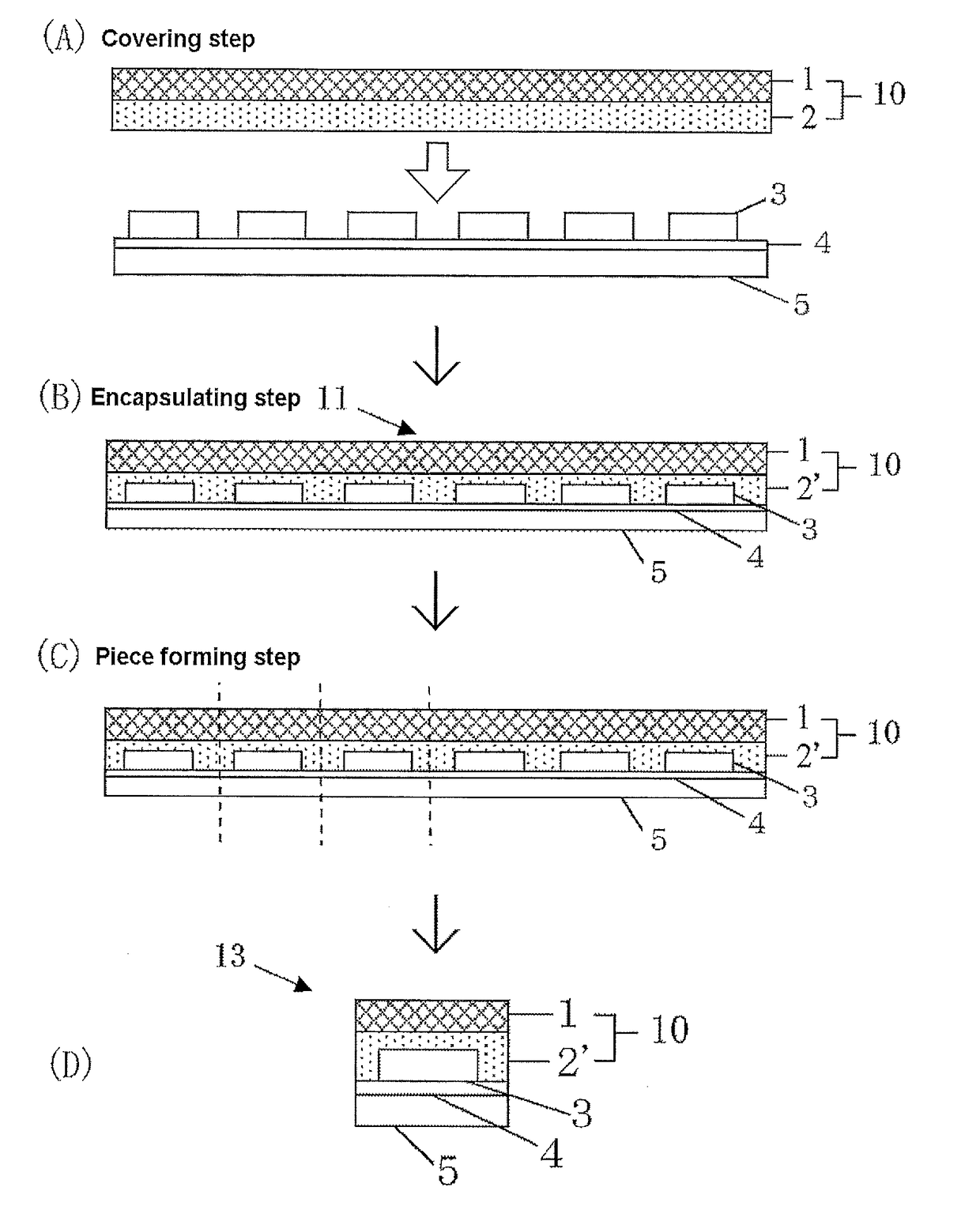 Electromagnetic wave shielding support base-attached encapsulant, encapsulated substrate having semicondutor devices mounted thereon, encapsulated wafer having semiconductor devices formed thereon, and semiconductor apparatus