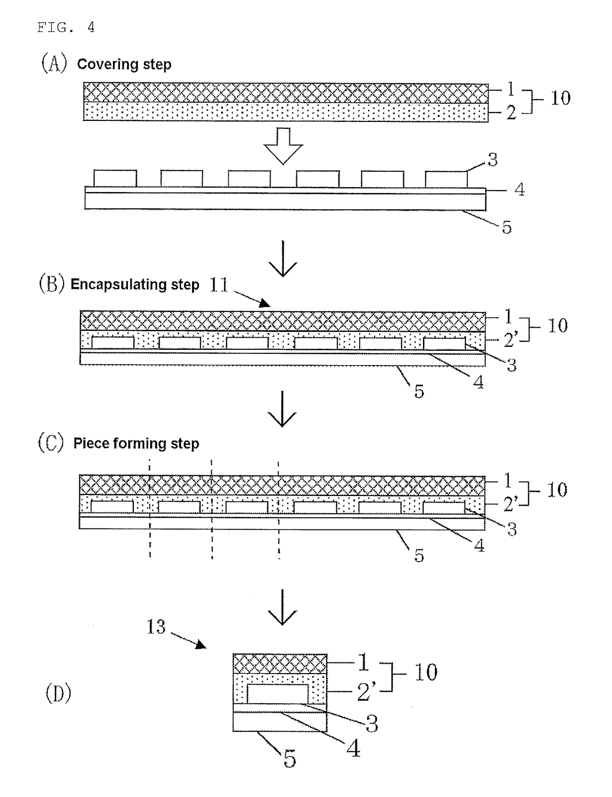Electromagnetic wave shielding support base-attached encapsulant, encapsulated substrate having semicondutor devices mounted thereon, encapsulated wafer having semiconductor devices formed thereon, and semiconductor apparatus