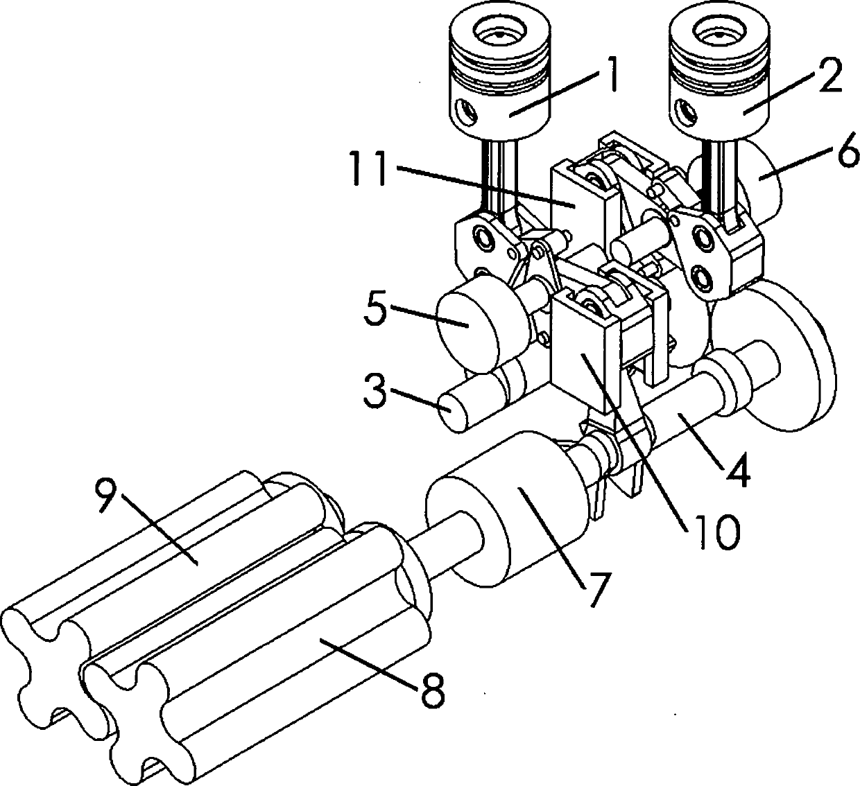 Double-cylinder engine capable of evenly adjusting compression ratio and mechanical supercharging