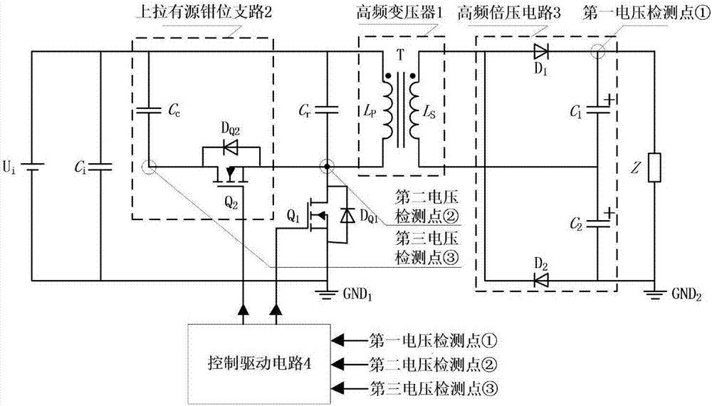 Isolated type DC/DC boost converter provided with pull-up active clamping branch and control method thereof