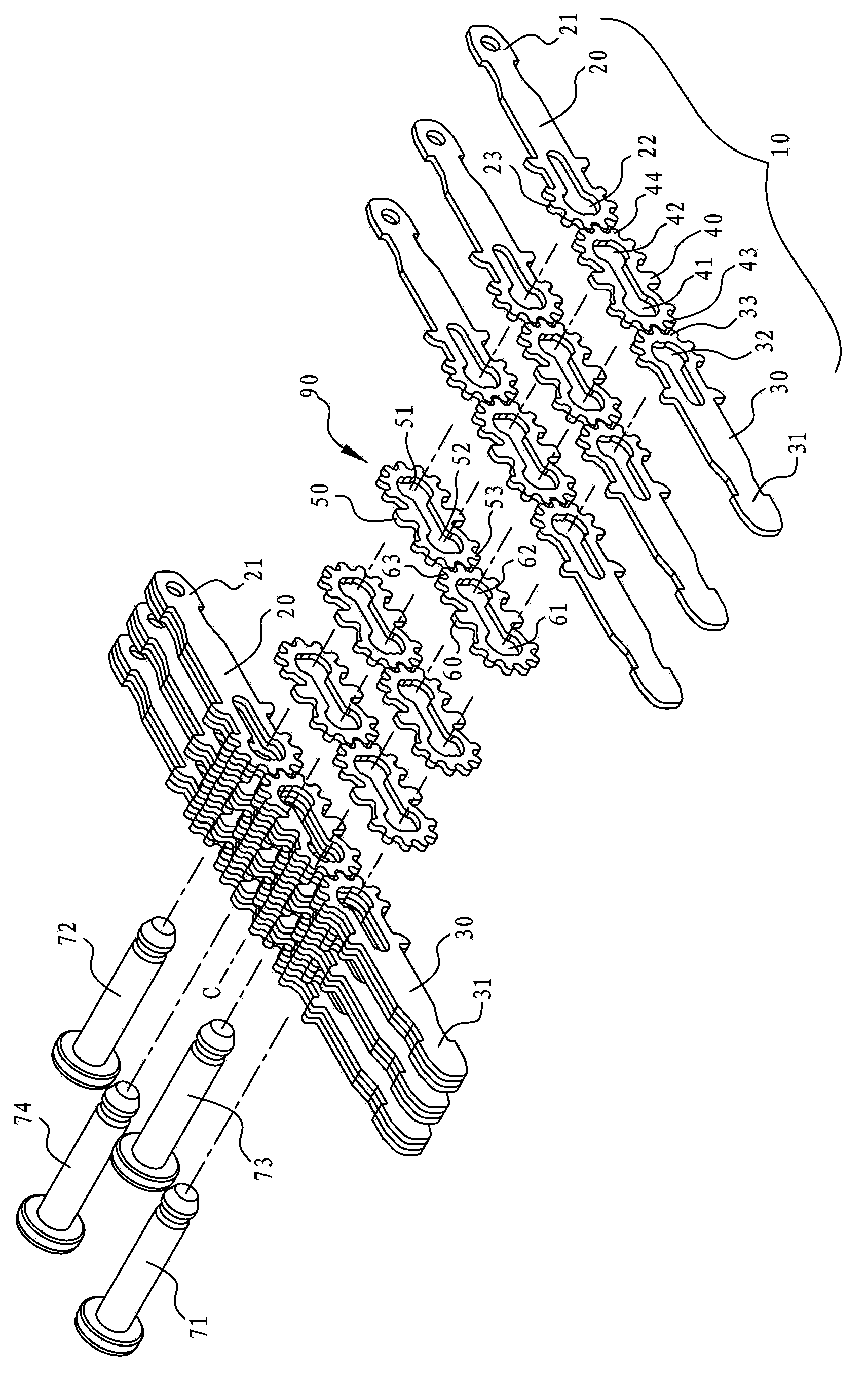 Insert-assembling type multi-section rotating shaft structure