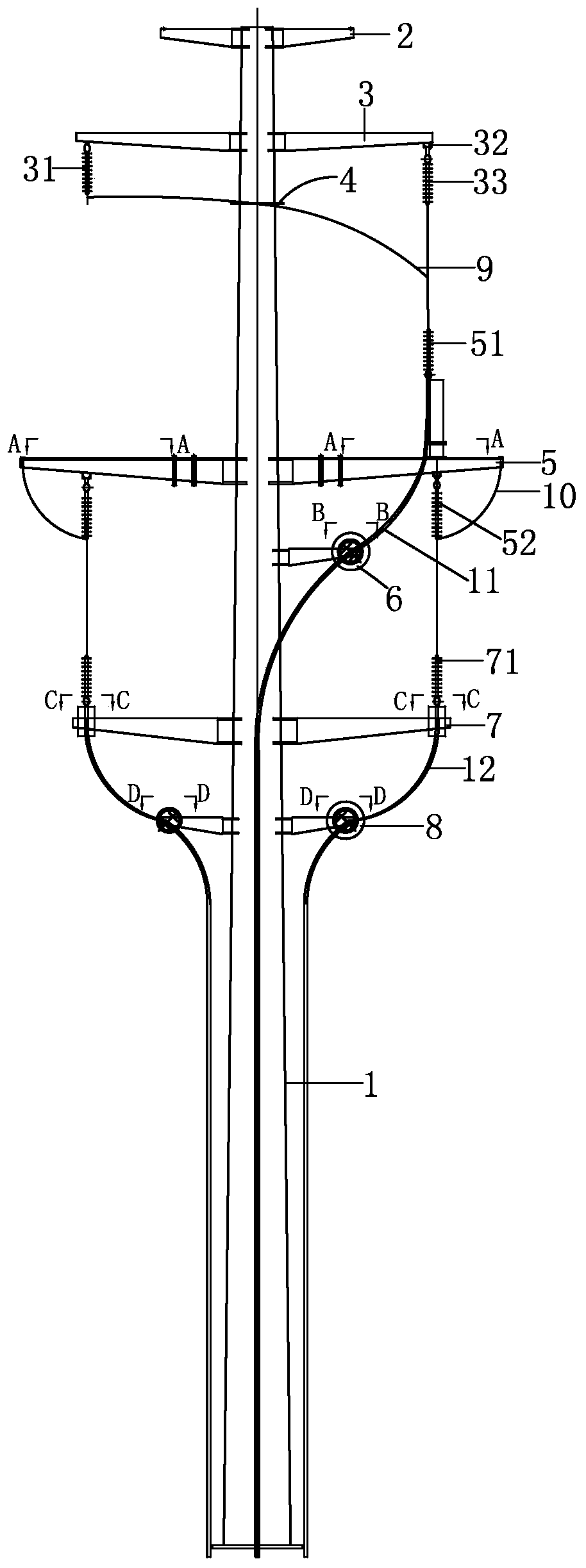 A 110kv overhead line front and rear cable type double circuit steel pole type terminal tower