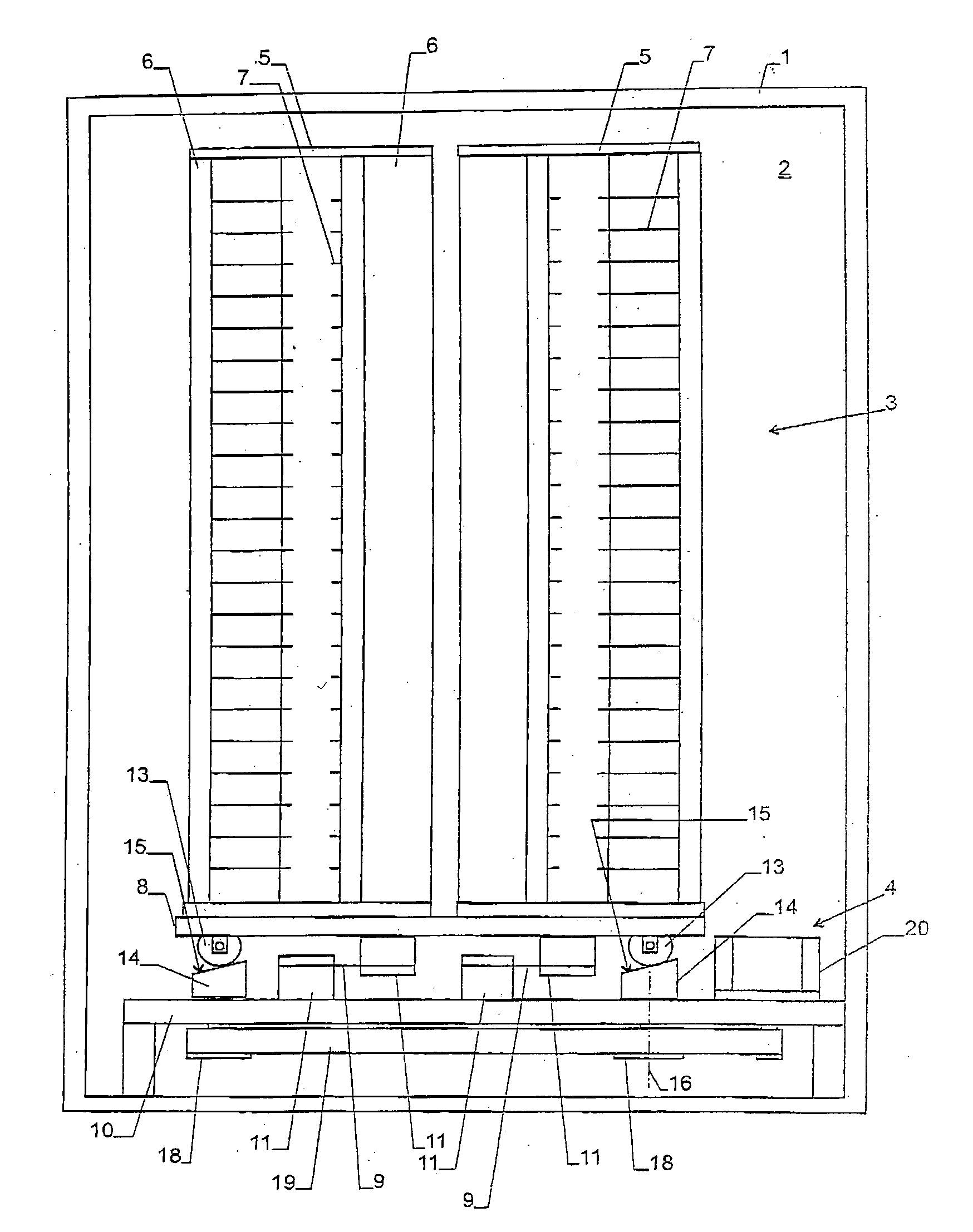 Storage device for laboratory samples having storage racks and a shaker