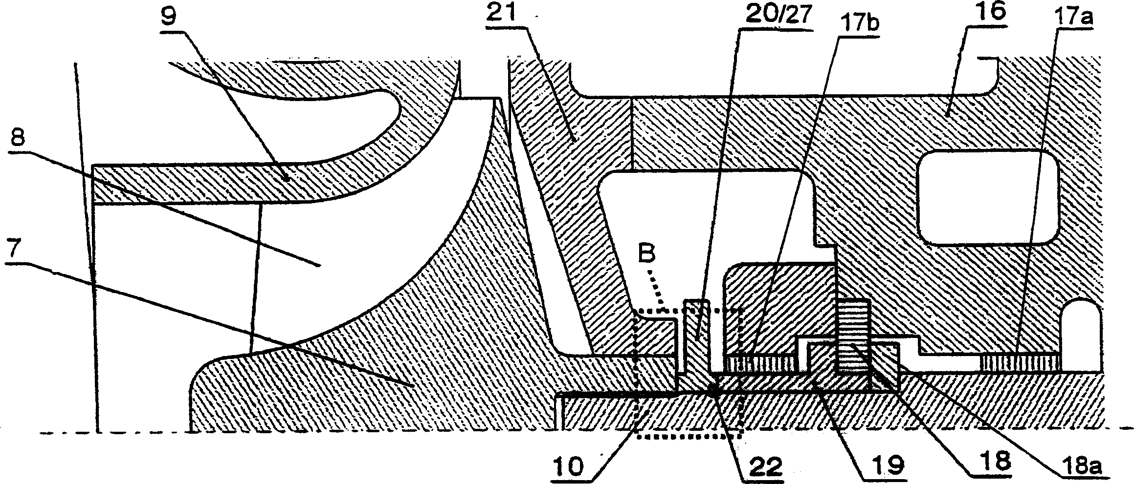 Turbo charger with means on the shaft for axially securing of said shaft if the compressor wheel bursts