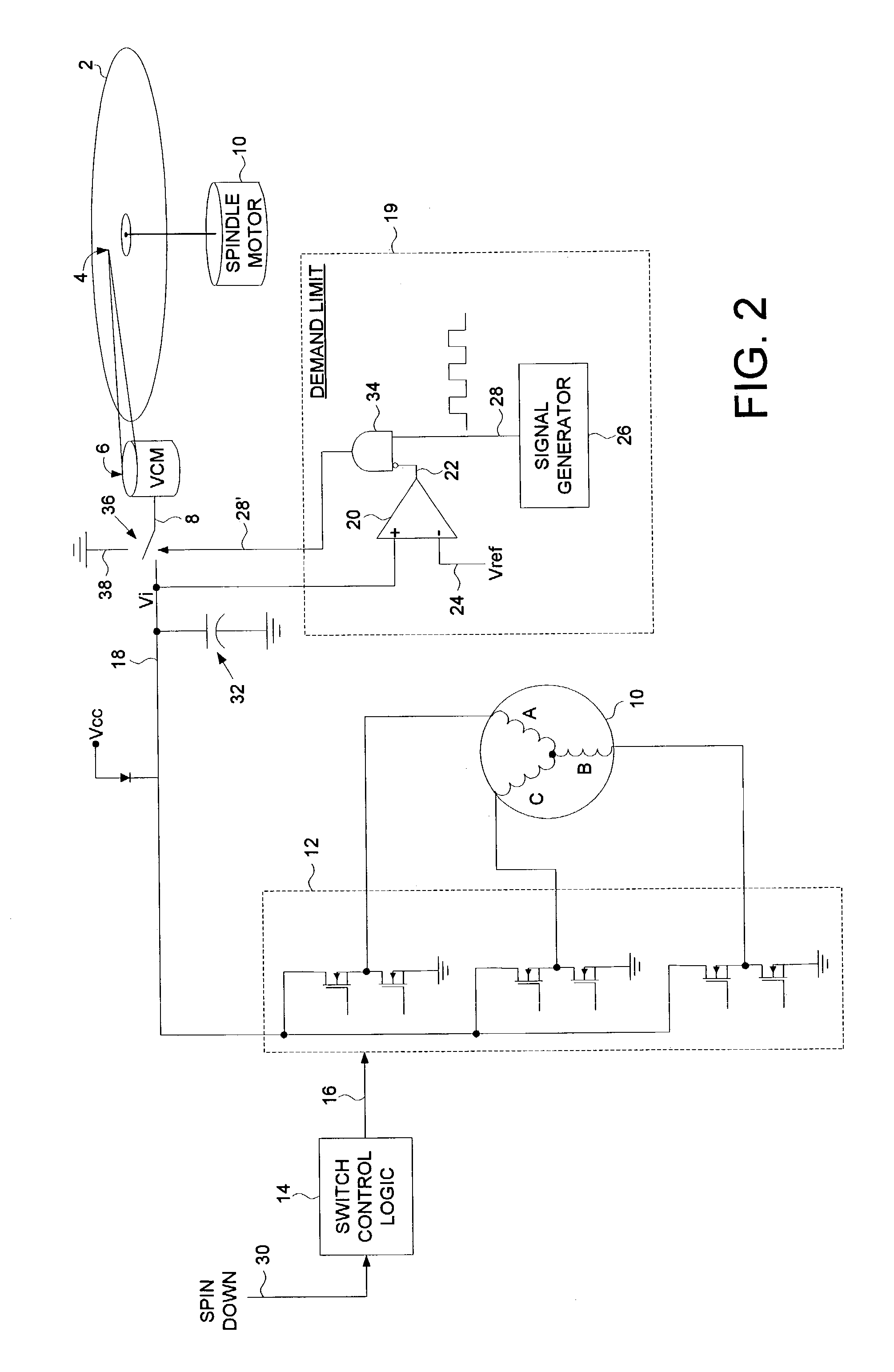 Disk drive comprising a pulse width modulated demand limit circuit for enhancing power management during spin-down