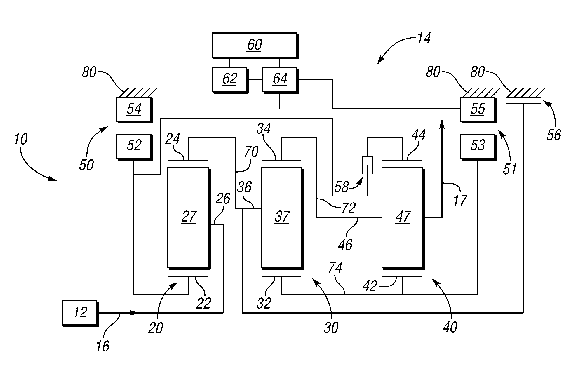 Hybrid transmission with three planetary gear sets and three interconnecting members and with synchronous shift between series and compound-split operating modes
