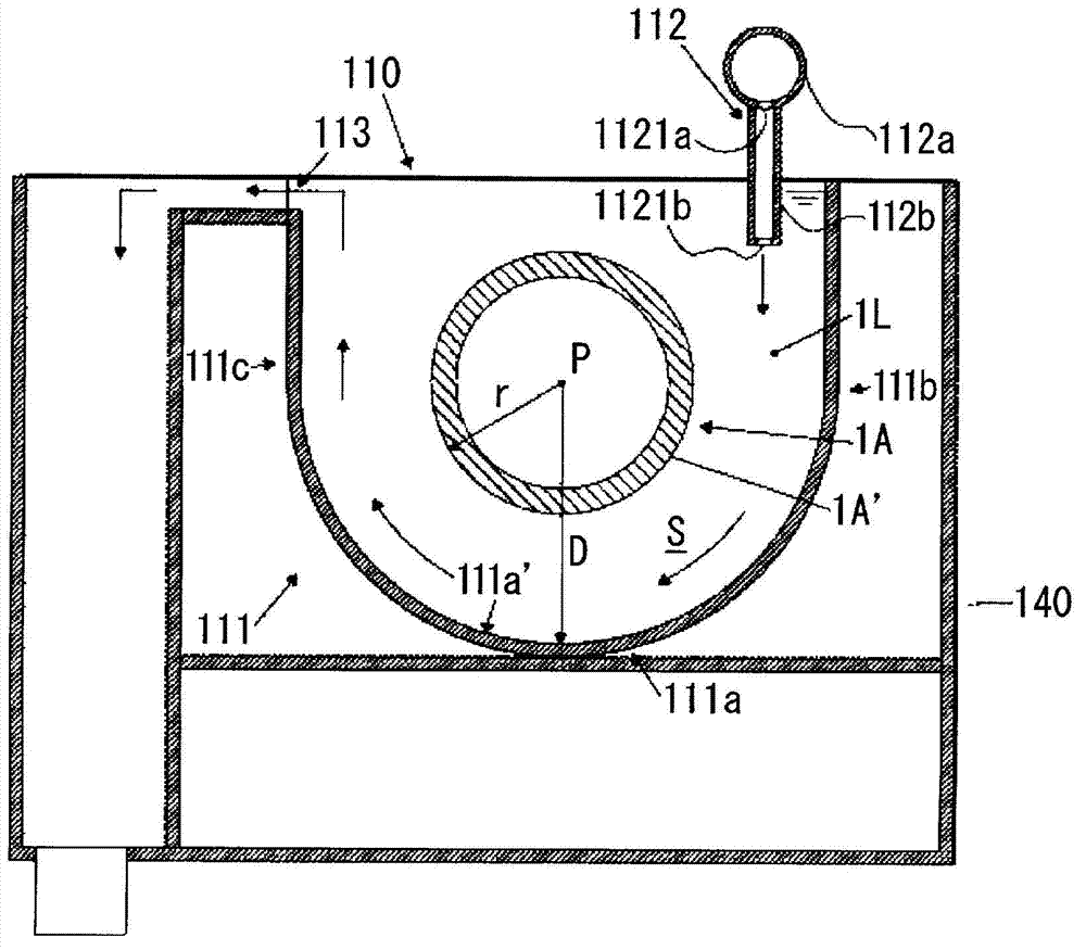 Anodizing device, treatment tank, method for producing roll-shaped mold for imprinting, and method for producing article having plurality of protruding parts on surface
