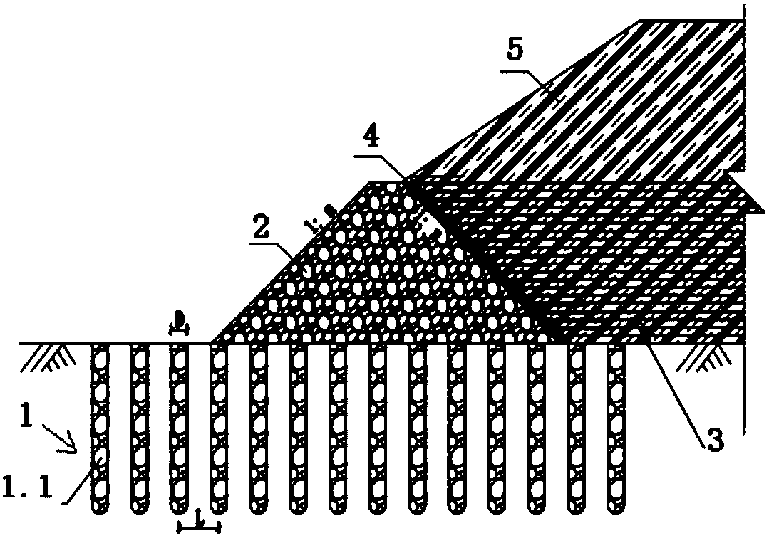 Ribbed rockfill retaining wall structure with compound foundation and construction method thereof