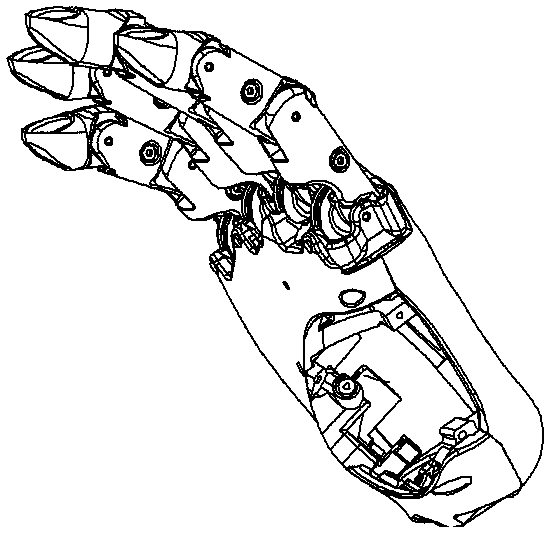 Linkage mechanism for realizing four-finger adduction and abduction of ...