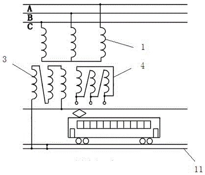 Star-shaped, reverse open-triangular and triangular tie line combined traction transformer