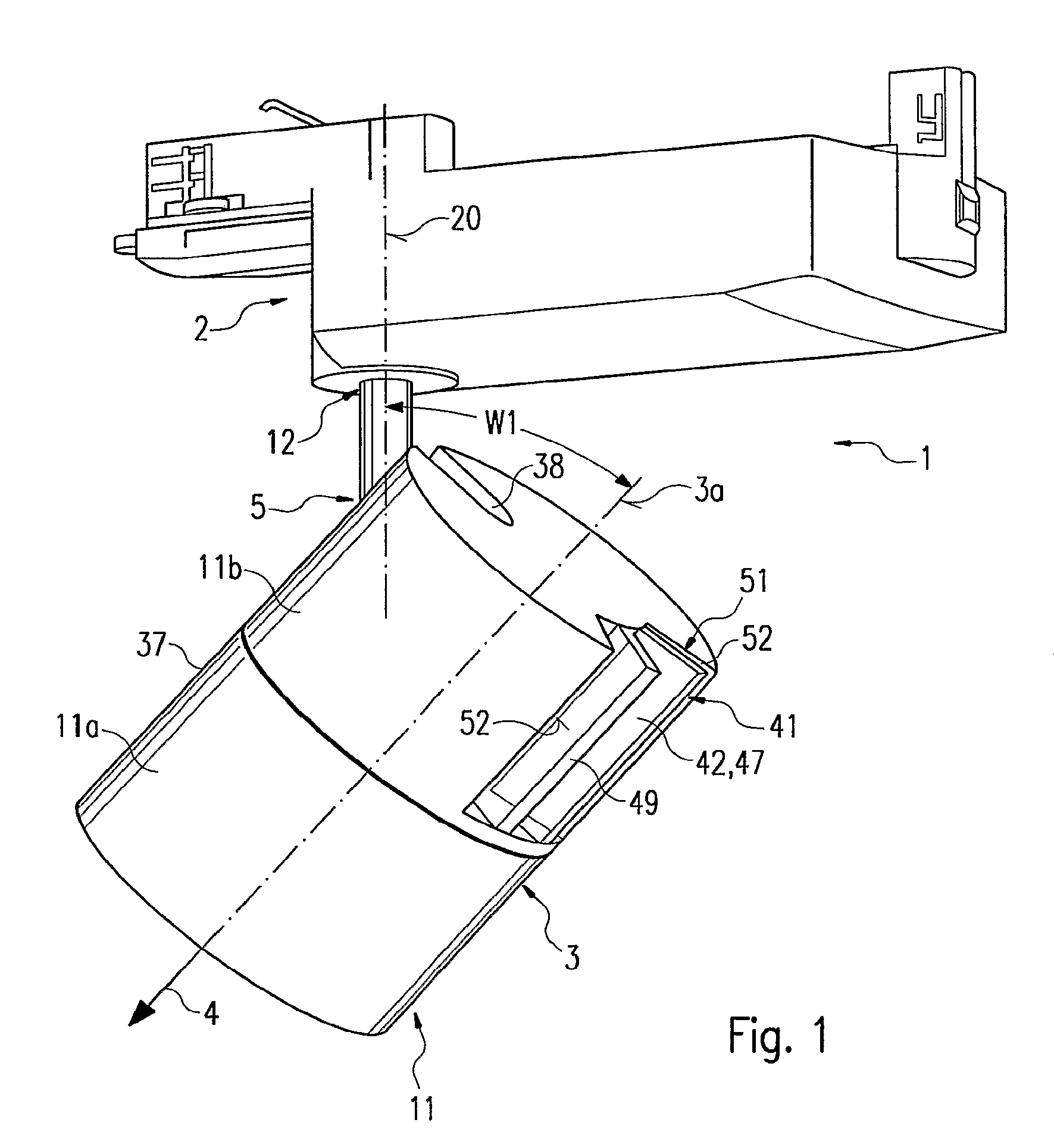 Luminaire comprising a spotlight and adjustable holding device for a spotlight