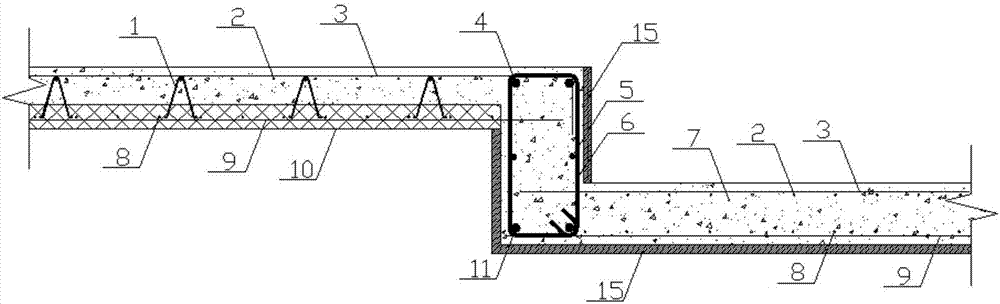 Modularized prefabricated superimposed floor slab used in descending slab area and construction method thereof
