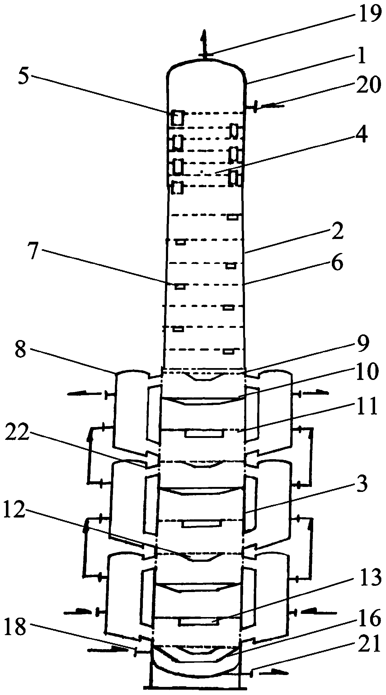 A multi-segment carbonization column with external natural circulation cooling