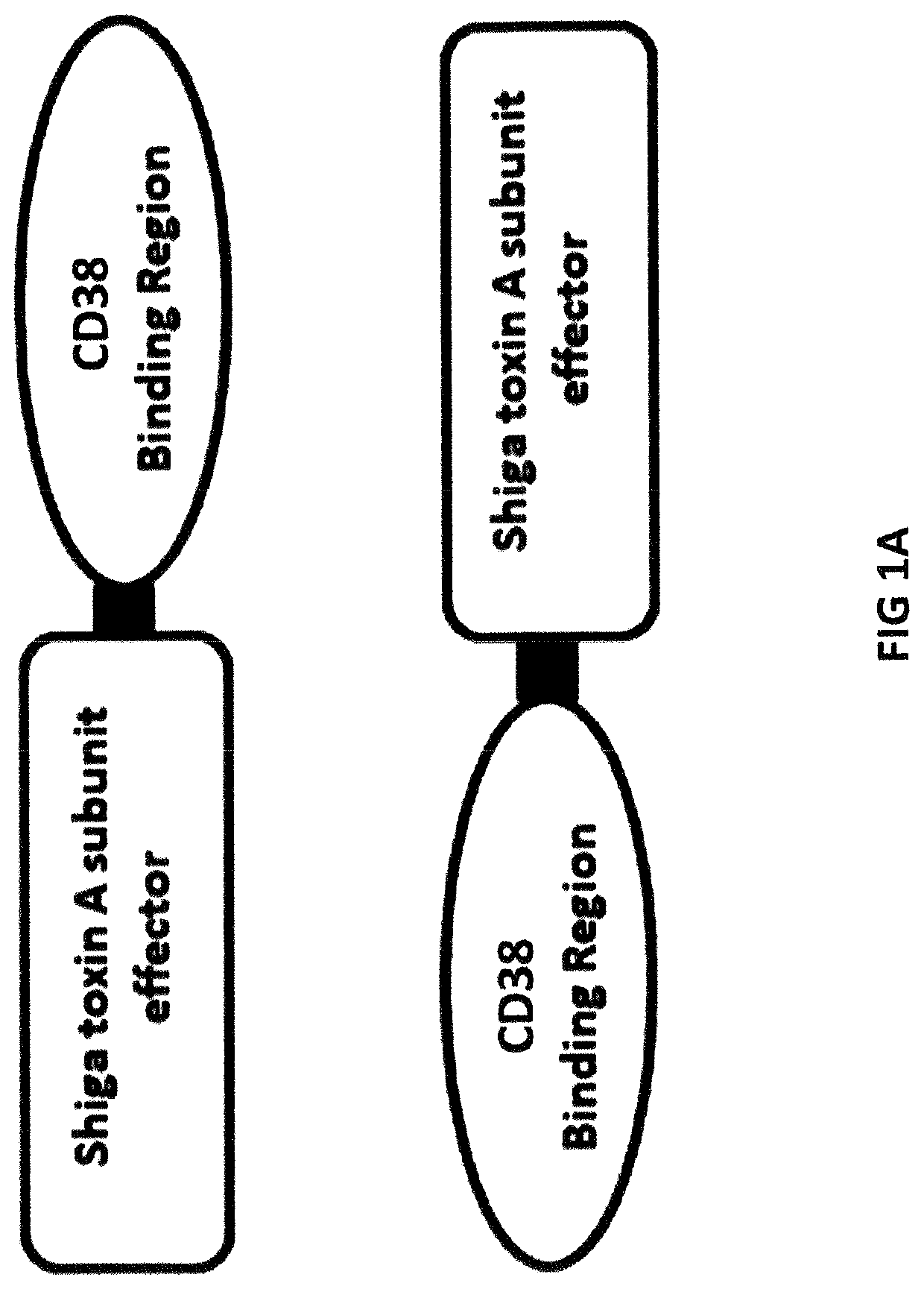 Cd38-binding proteins comprising de-immunized shiga toxin a subunit effectors