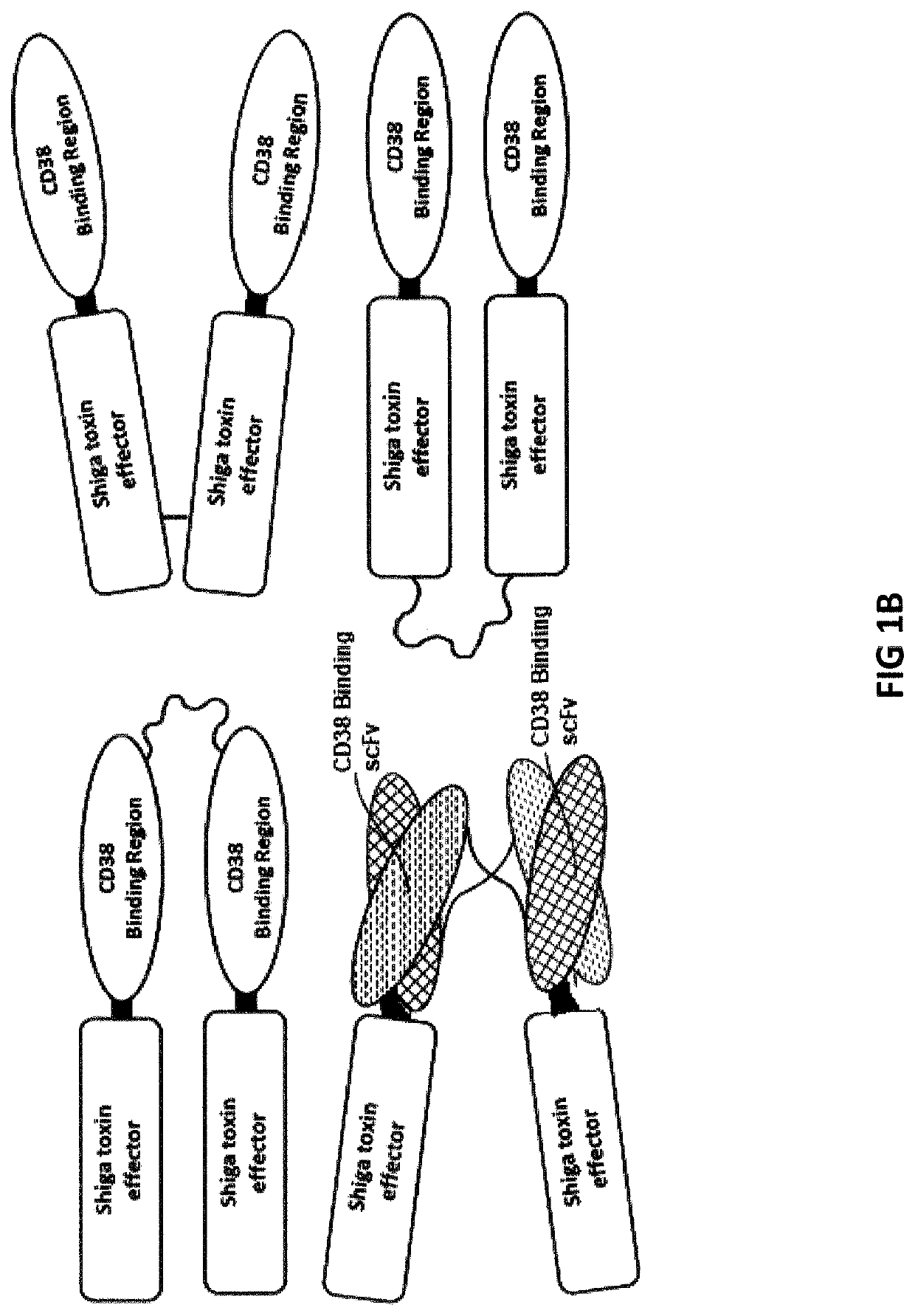 Cd38-binding proteins comprising de-immunized shiga toxin a subunit effectors