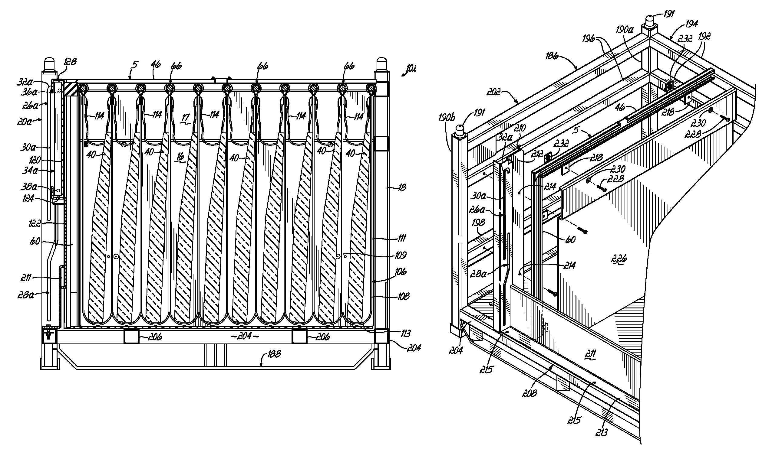 Container having metal outer frame for supporting L-shaped tracks