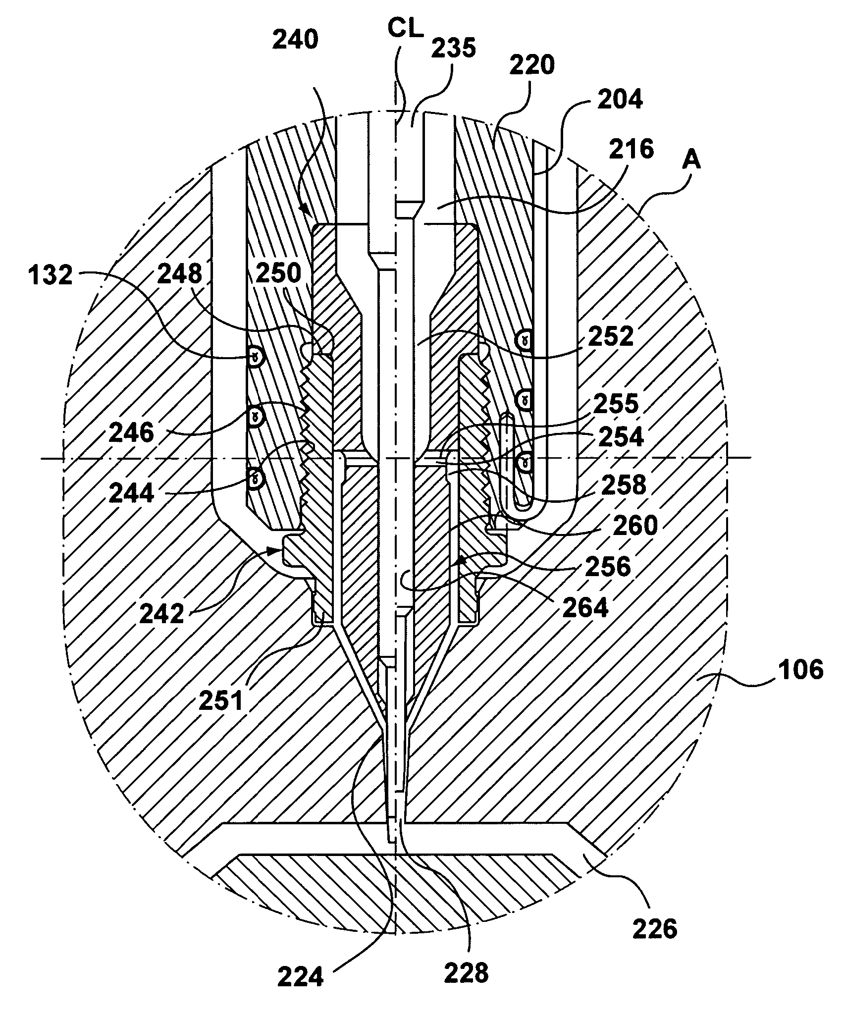 Valve-gated injection molding nozzle having an annular flow