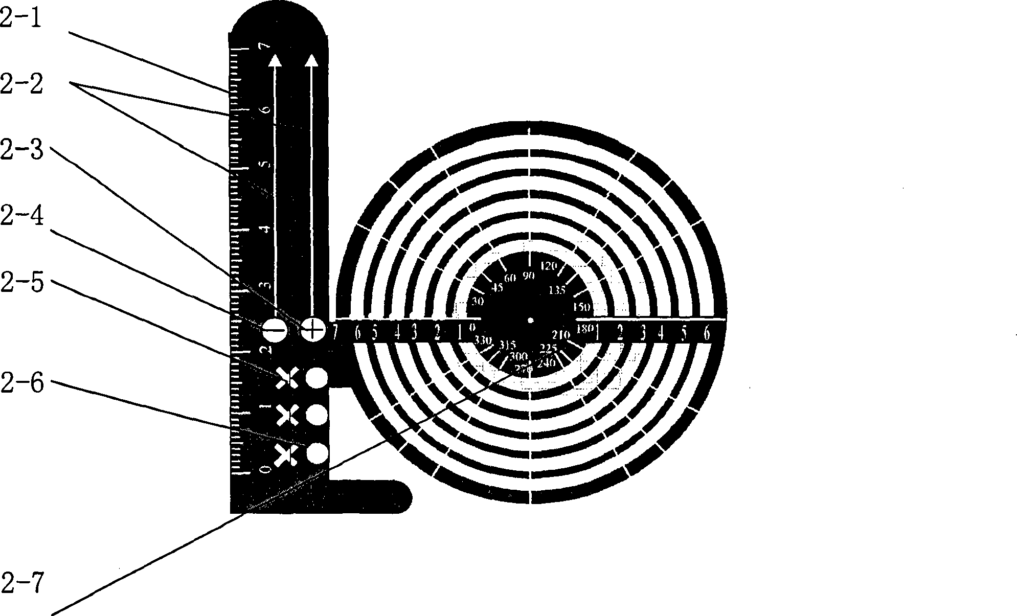 Drawing device with functions of set square, compasses and protractor