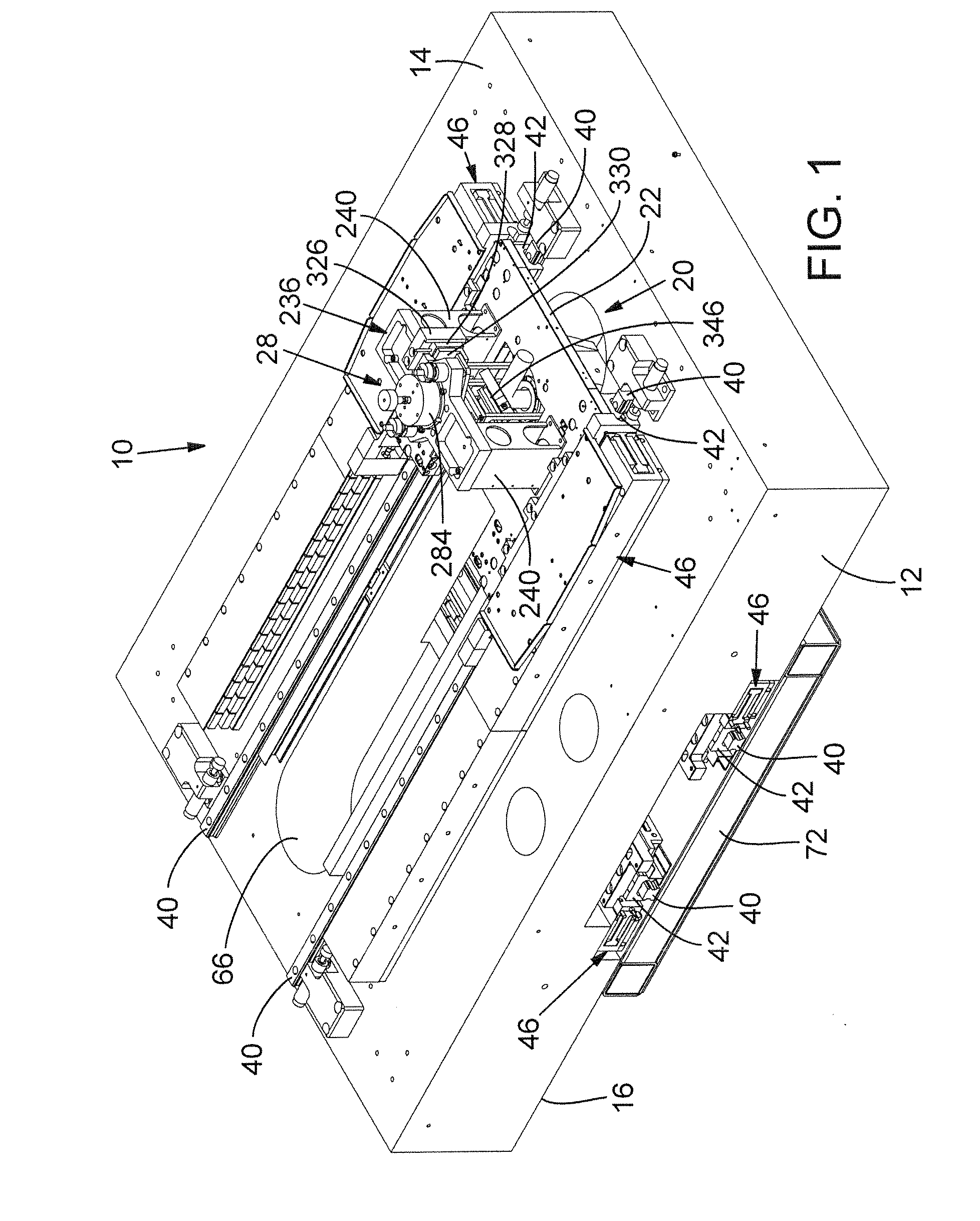 Air bearing assembly for guiding motion of optical components of a laser processing system