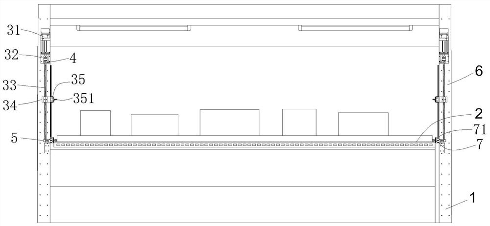 Material taking opening structure with turnover area for vertical lifting container and using method of material taking opening structure