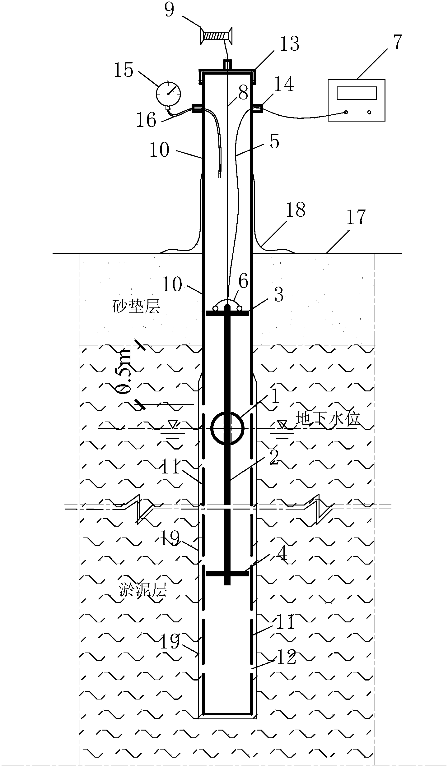 Device and setting method for measuring underground water level of vacuum drainage prepressing sealing membrane