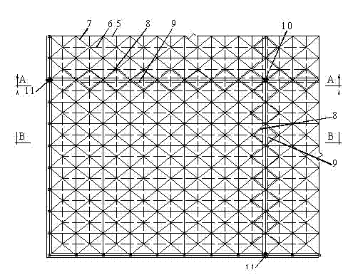 Super-large span variable section double-layer and three-layer prestressed rib beam type net rack and making method