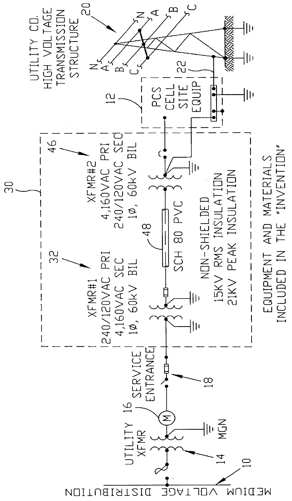 Multi-grounded neutral electrical isolation between utility secondary low-voltage power service and high-voltage transmission structures
