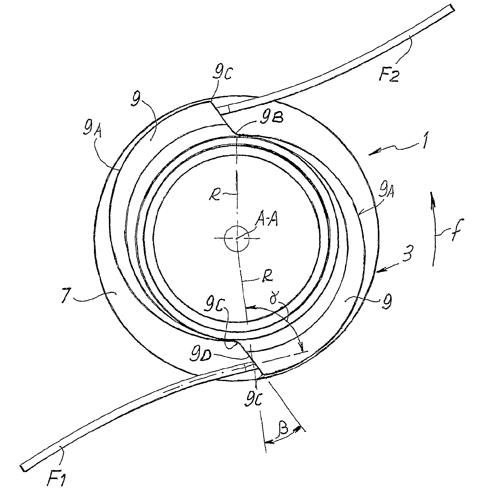 Grass-cutting head with spiral guide channels for the cutting line