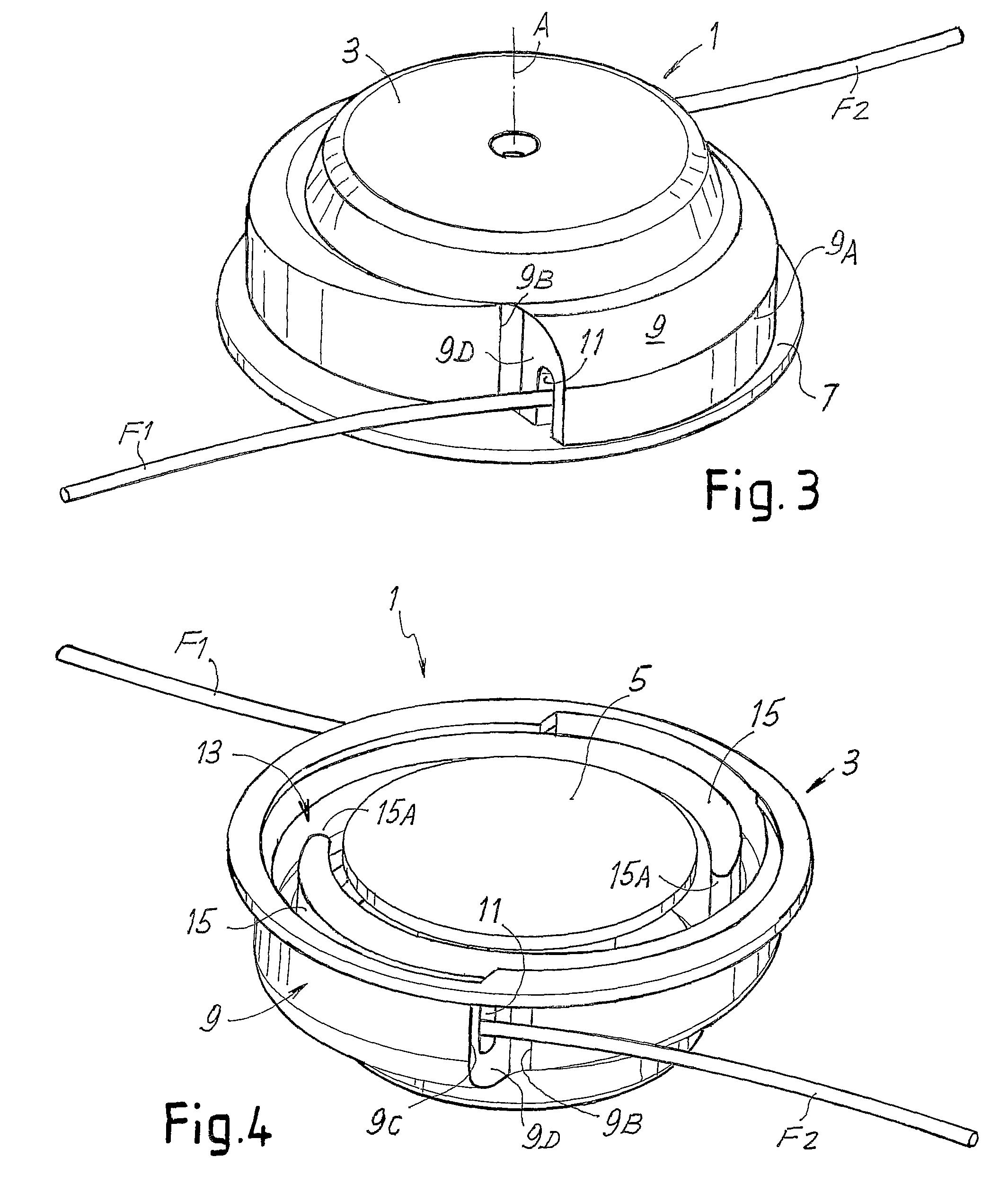 Grass-cutting head with spiral guide channels for the cutting line