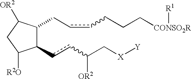 Cyclopentane heptan(ene) acyl sulfonamide, 2-alkyl or 2-arylalkyl, or 2-heteroarylalkenyl derivatives as therapeutic agents