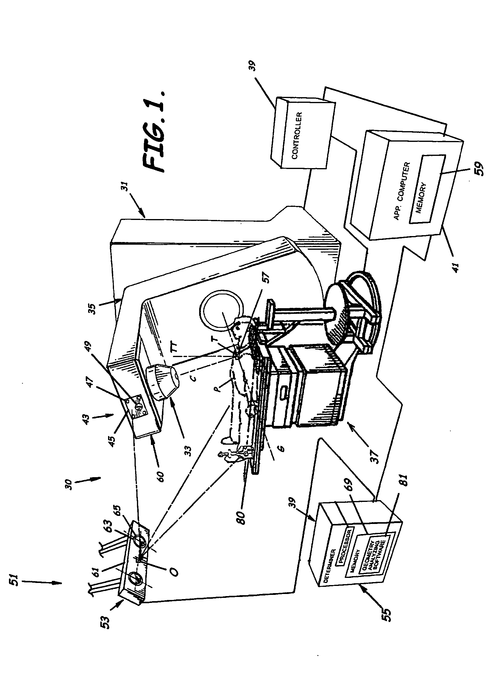 System for monitoring the geometry of a radiation treatment apparatus, trackable assembly, program product, and related methods