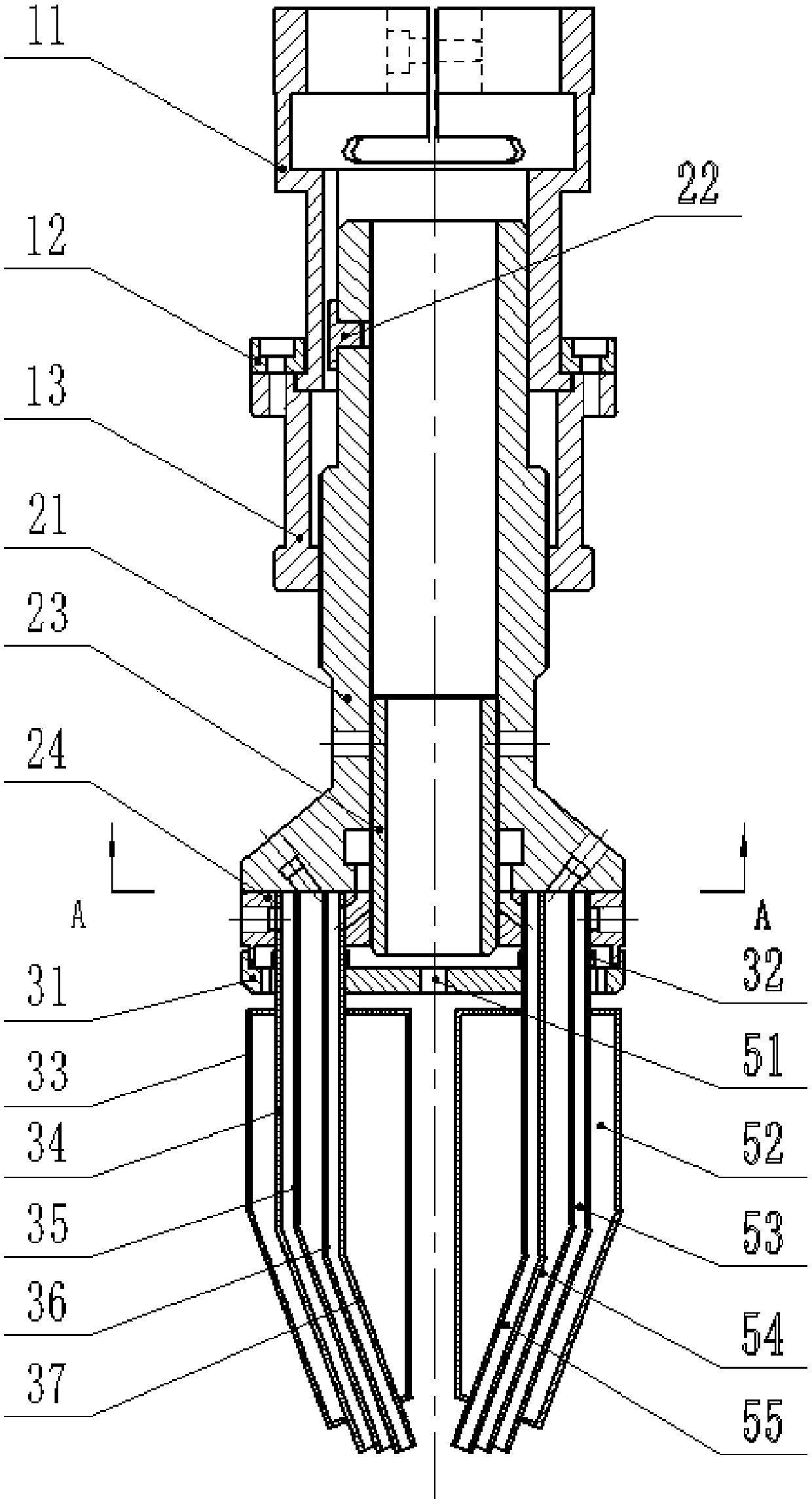 Adjustable type anti-splashing wide-band laser cladding coaxial powder-feeding nozzle and manufacturing method thereof