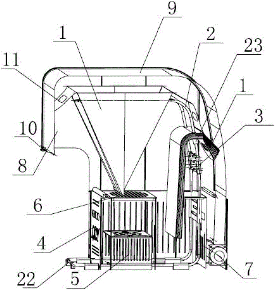 A continuous waste collection device equipped with a curtain