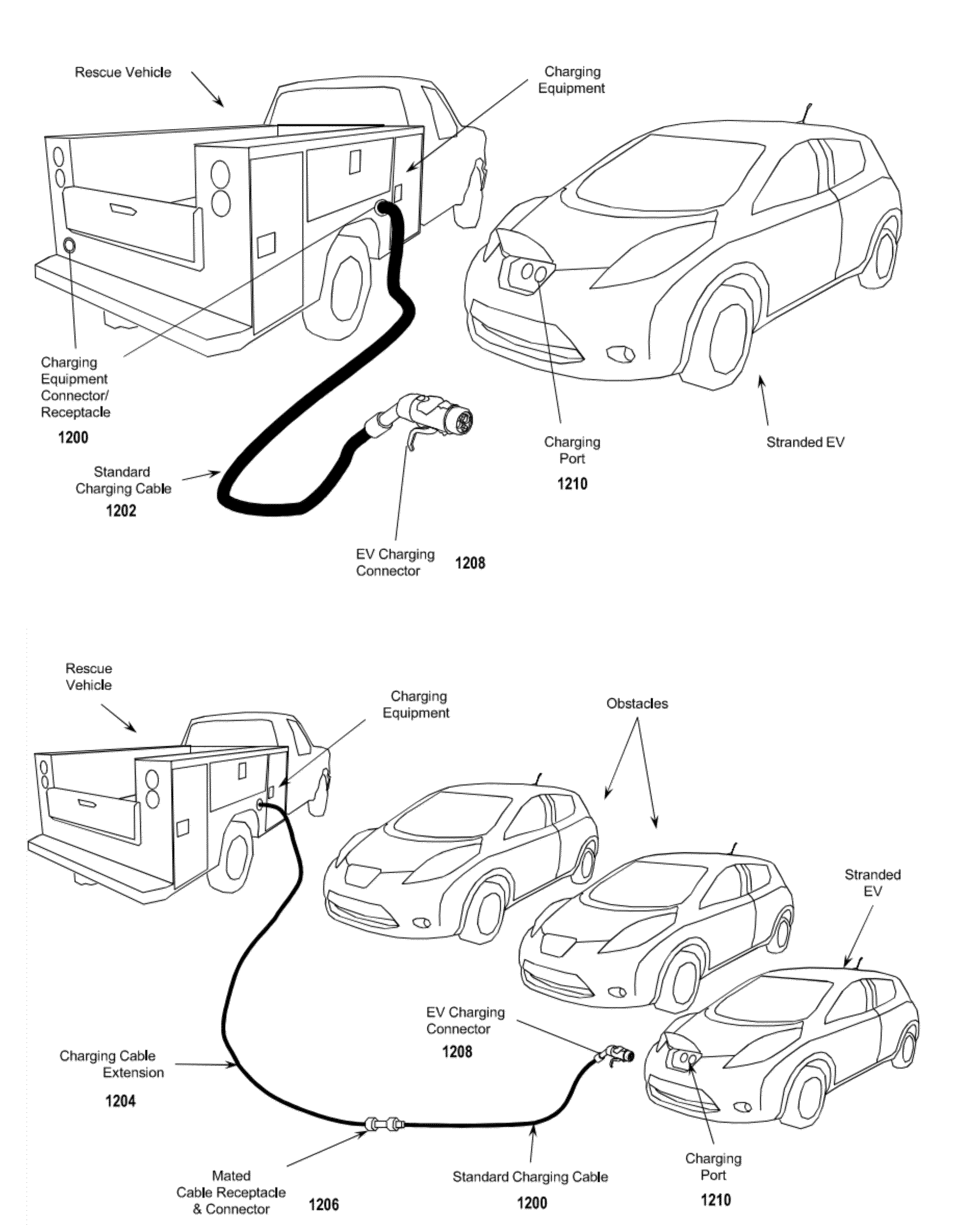Charging service vehicles and methods using modular batteries