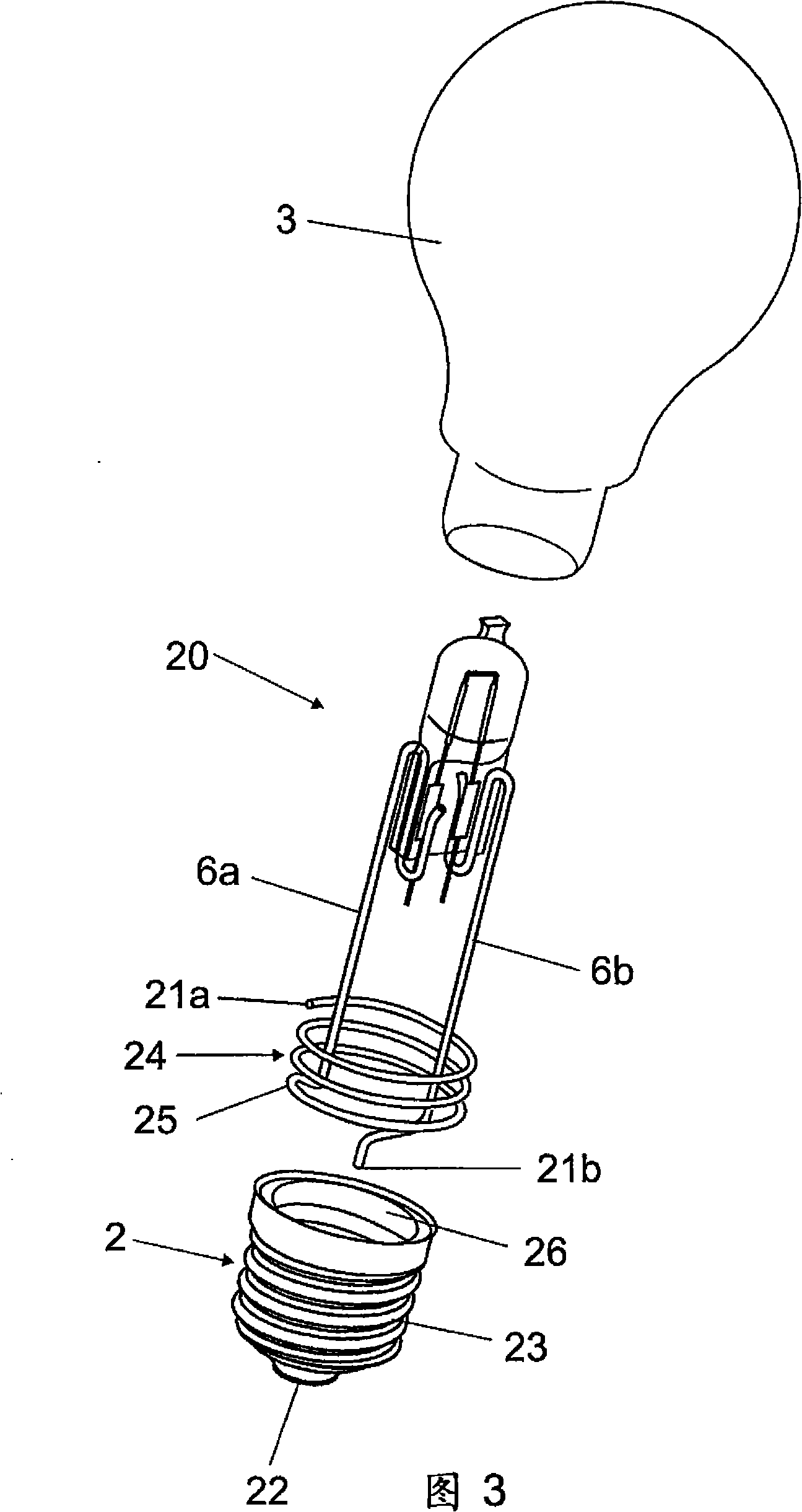 Electric lamp with an external piston and a fitted lamp and method for production of same