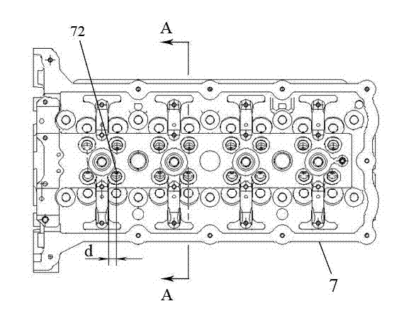 Detecting tool for detecting rocker arm motion avoiding plane of irregular cavity of cylinder cover