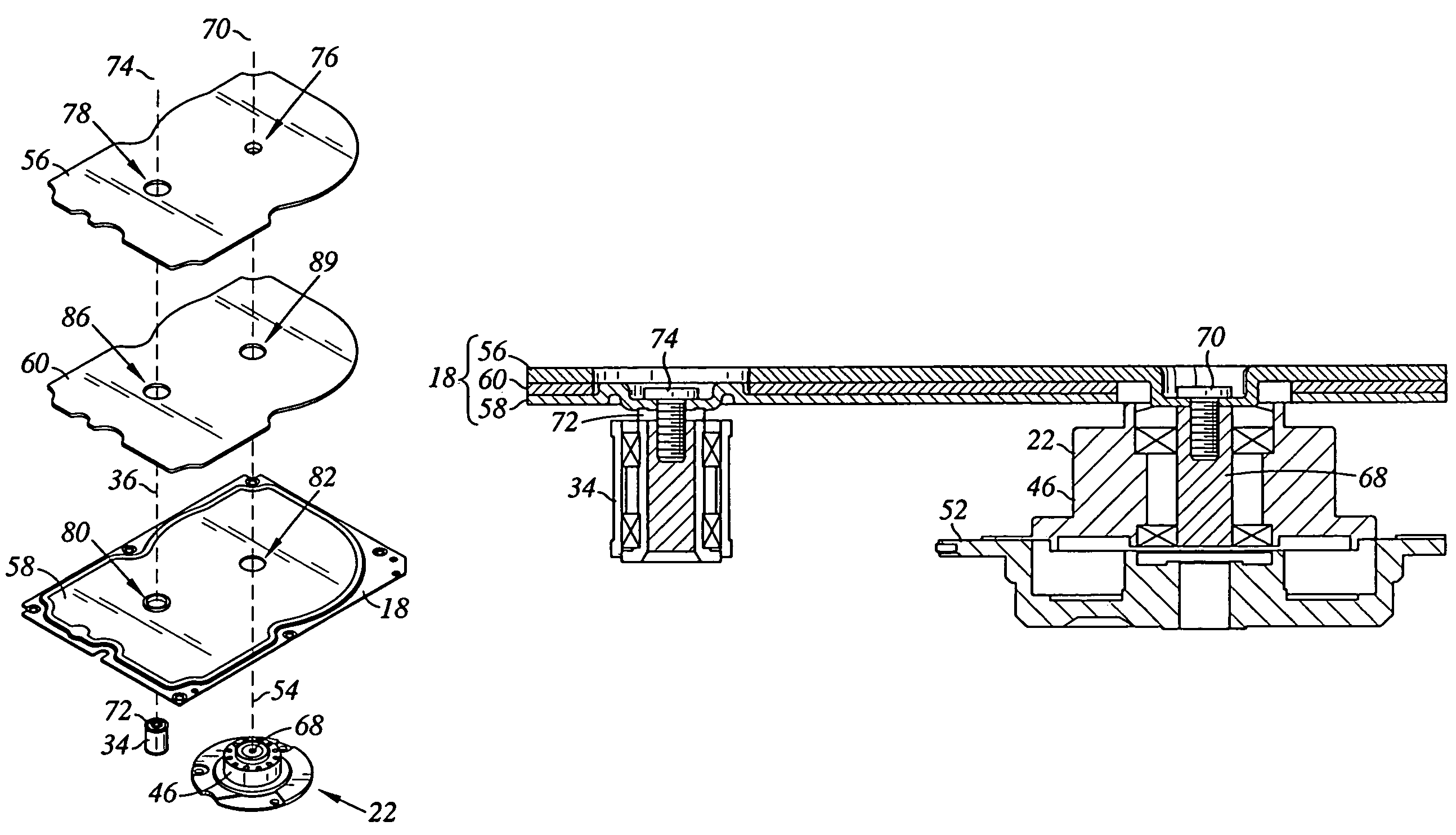 Disk drive including a spindle motor and a pivot bearing cartridge attached to different layers of a laminated cover
