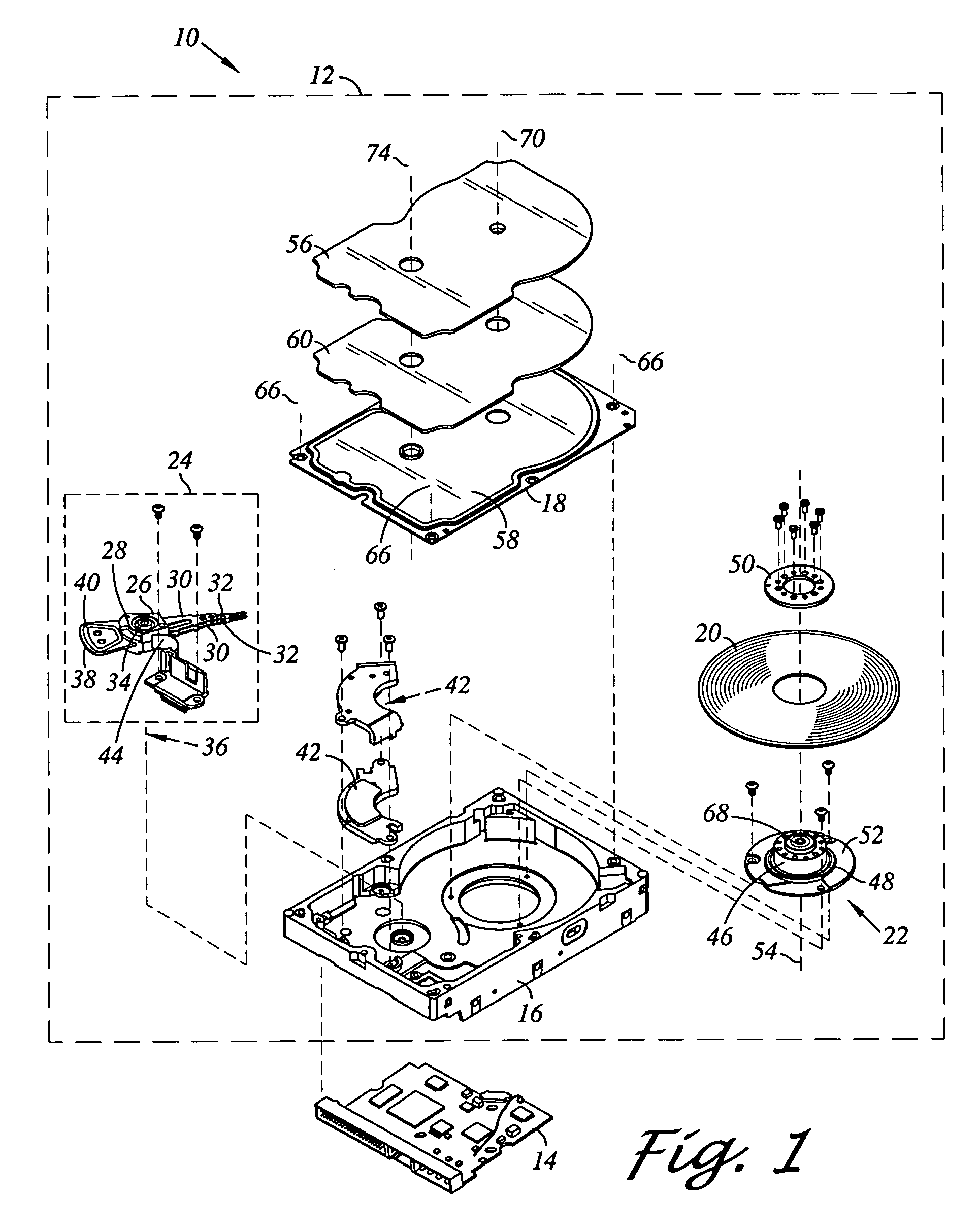 Disk drive including a spindle motor and a pivot bearing cartridge attached to different layers of a laminated cover