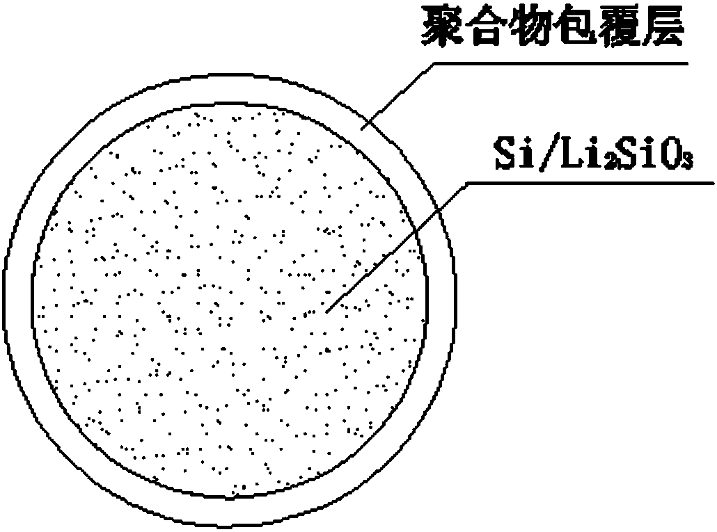 Polymer-coating silicon/lithium metasilicate cathode material and preparation method thereof