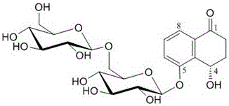 Compound 4(S)-4,5-dihydroxy-alpha-tetralone 5-O-beta-D-glucopyranose (1-&gt;6)-beta-D-glucopyranoside, and preparation method and application thereof