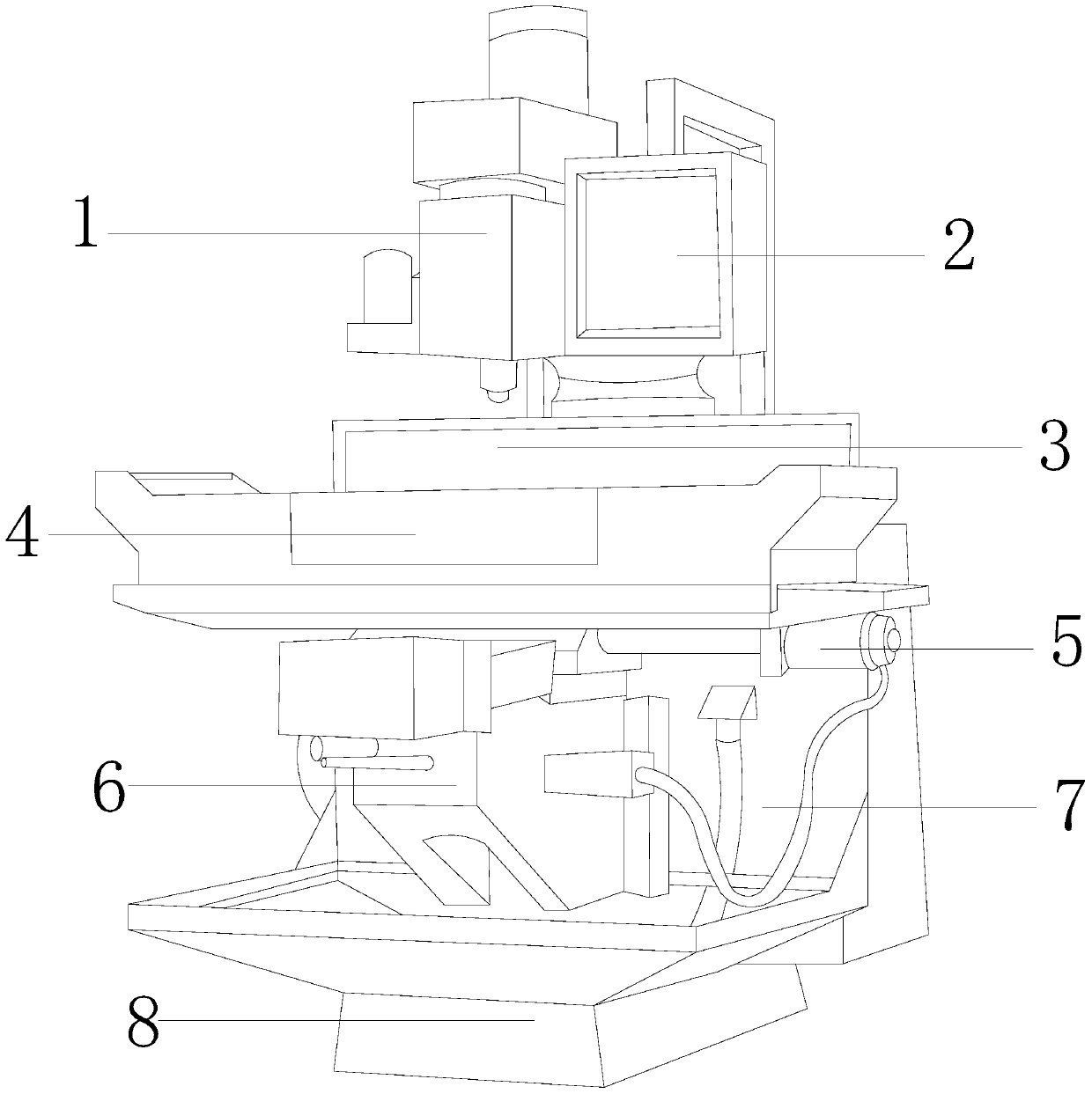 Numerical control four-axis vertical milling machine based on wheel pushing angle distance of relying key for adjusting milling head groove