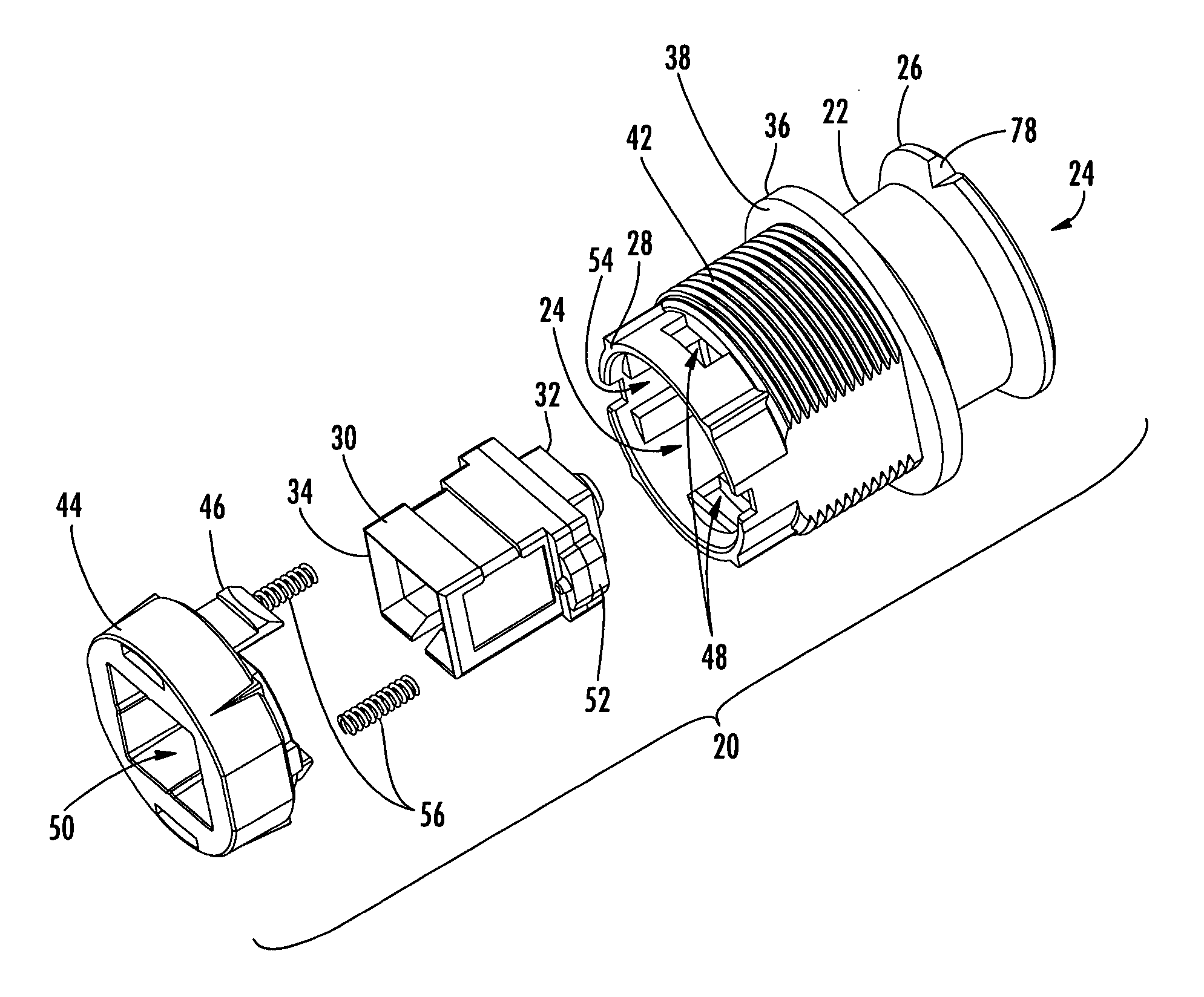 One-piece fiber optic receptacle having chamfer and alignment ribs