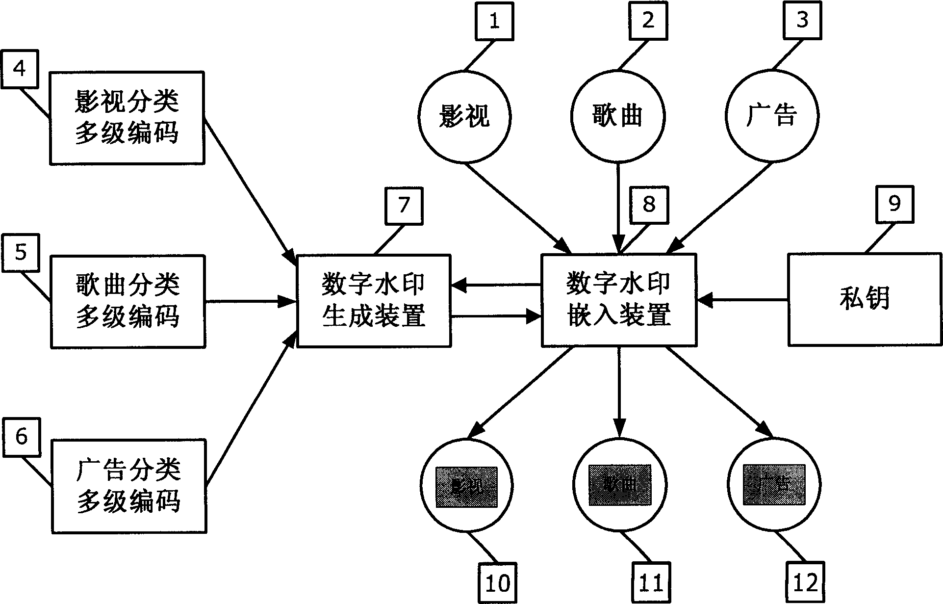 Dgital watermark of television content detection based on key, and its coding/decoding device