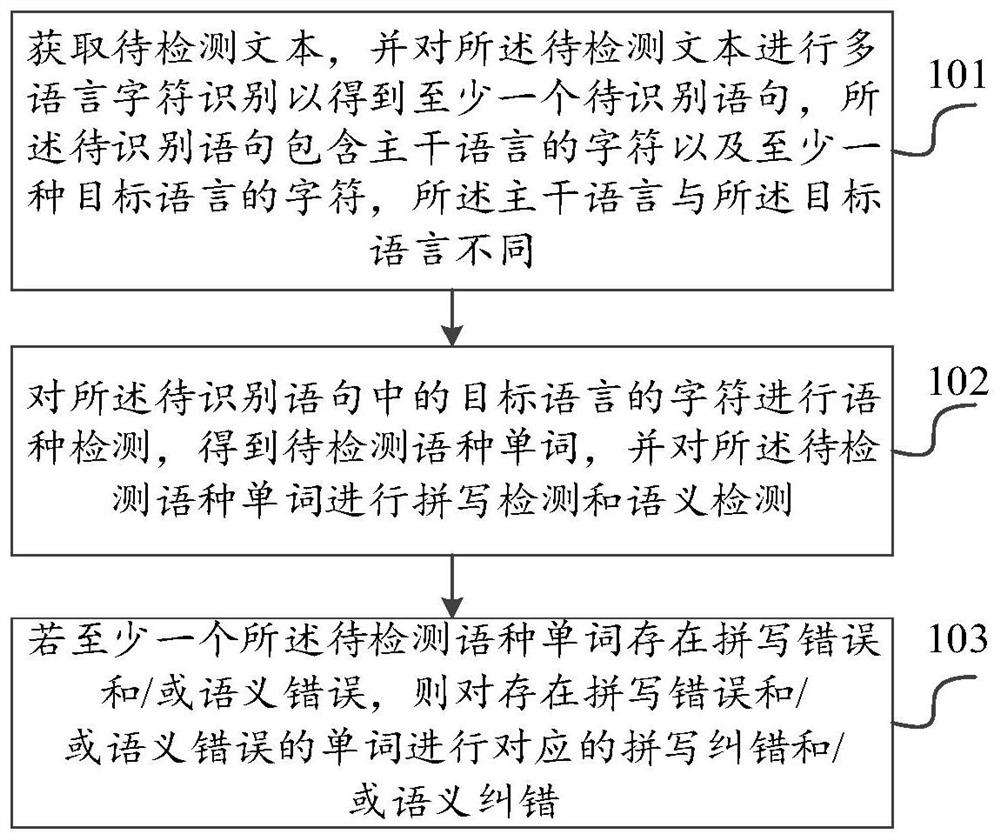 Multi-language text detection and error correction method and system, electronic equipment and storage medium