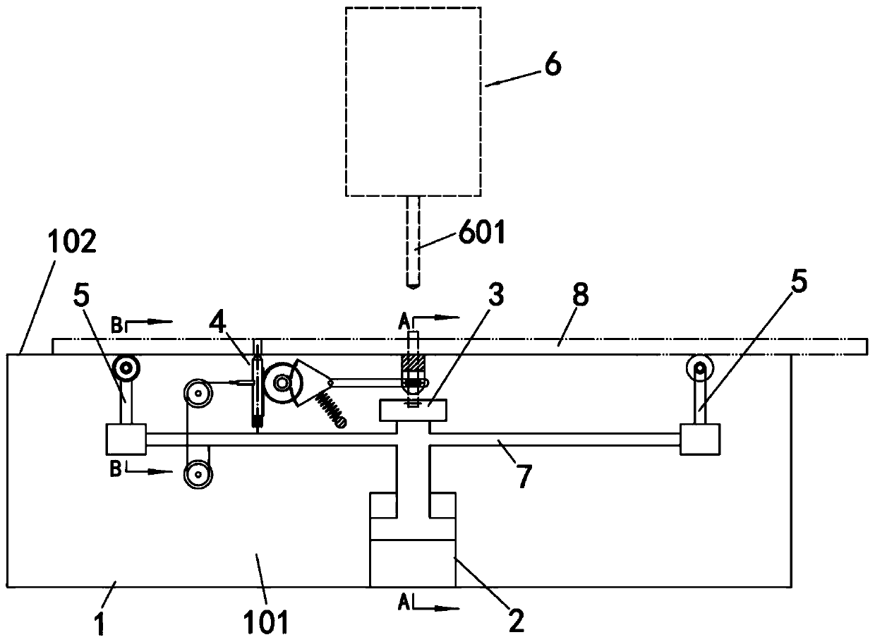 Drill fixing device used during machining holes in strip-shaped plate at equal intervals
