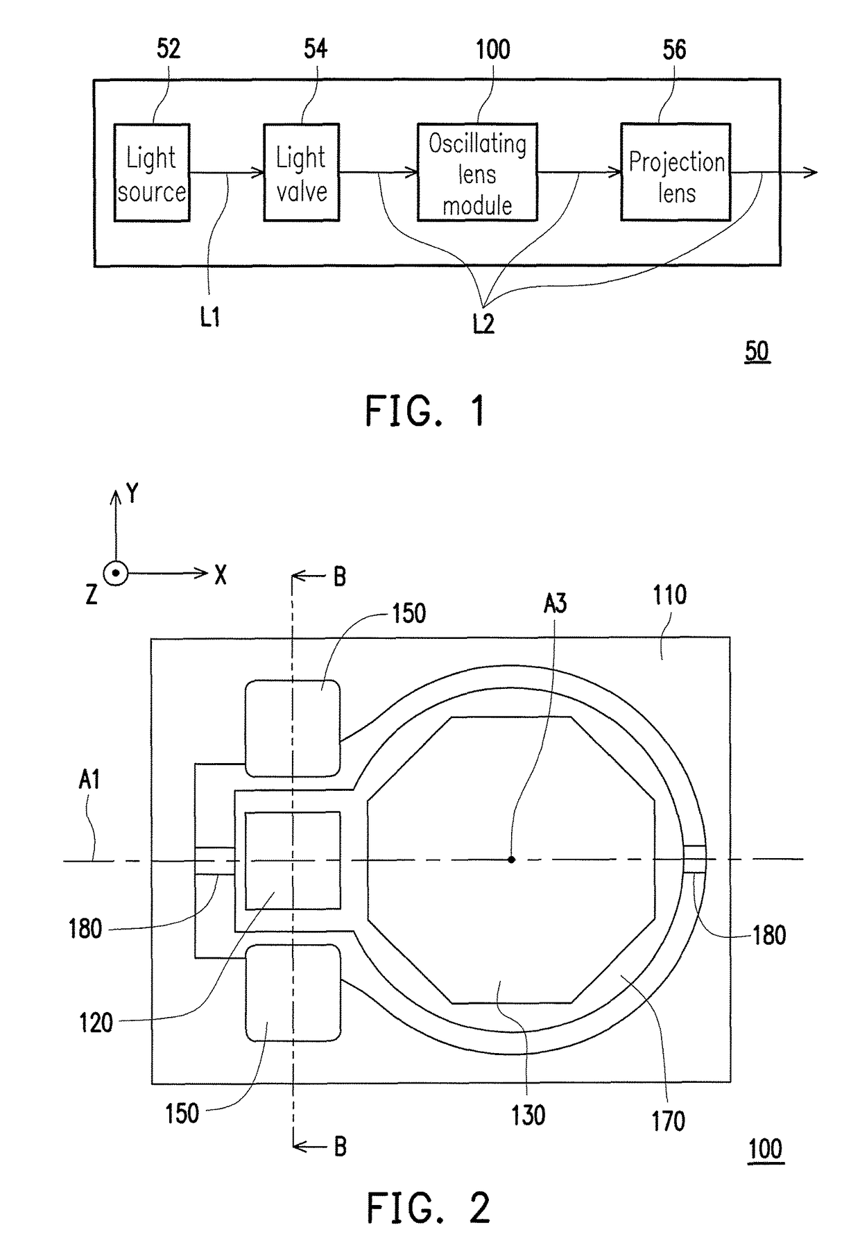 Oscillating lens module and projector