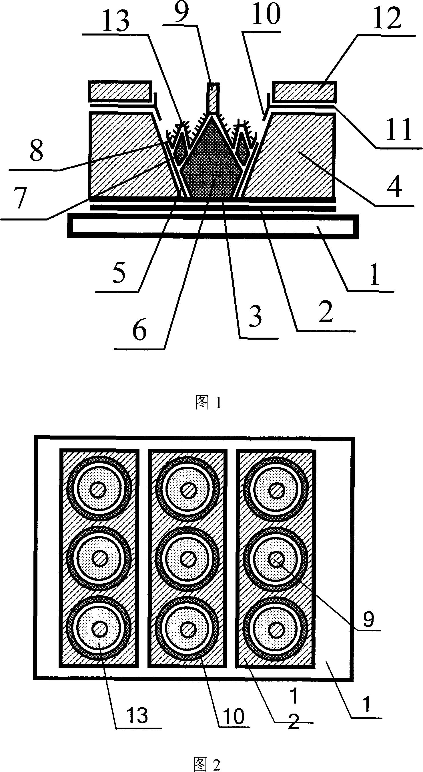 Flat-panel display device with gate-modulated multi-tilt cathode structure and its preparing process