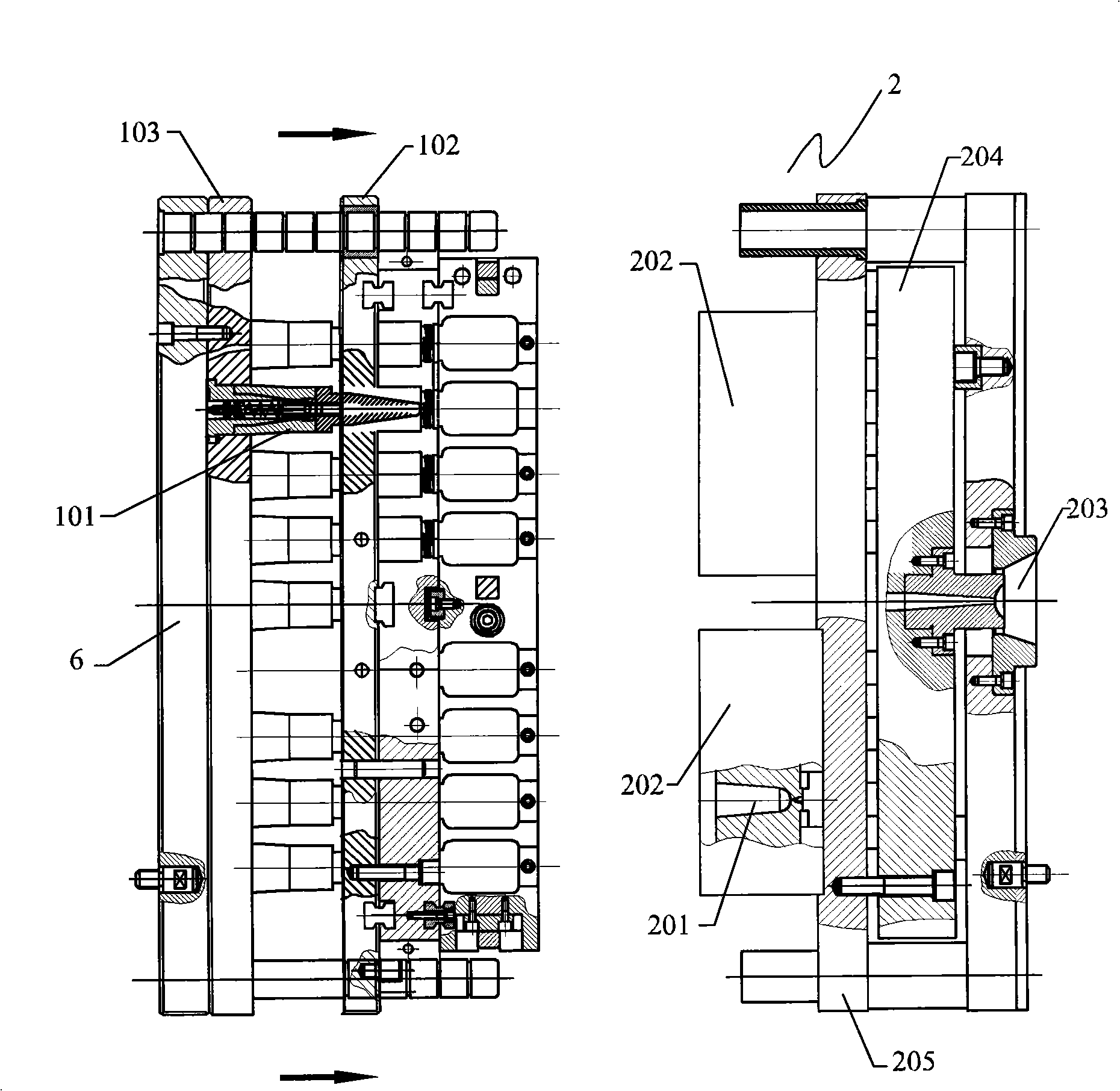 Die for injecting and blowing plastic hollow container forming container by one-step method and single working-station, and application thereof