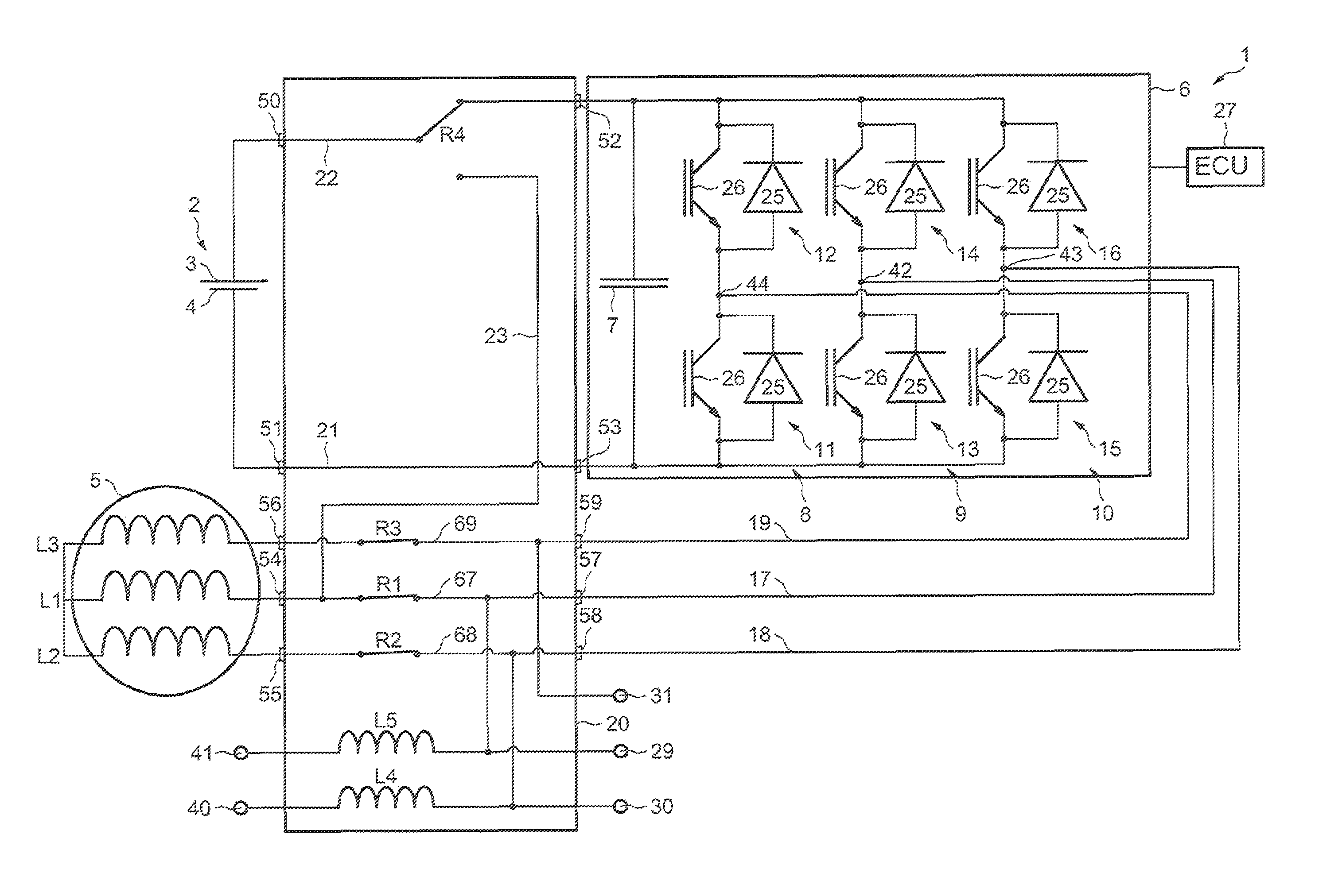 Electric motor assembly rechargeable from an electrical mains system, and dedicated connection housing