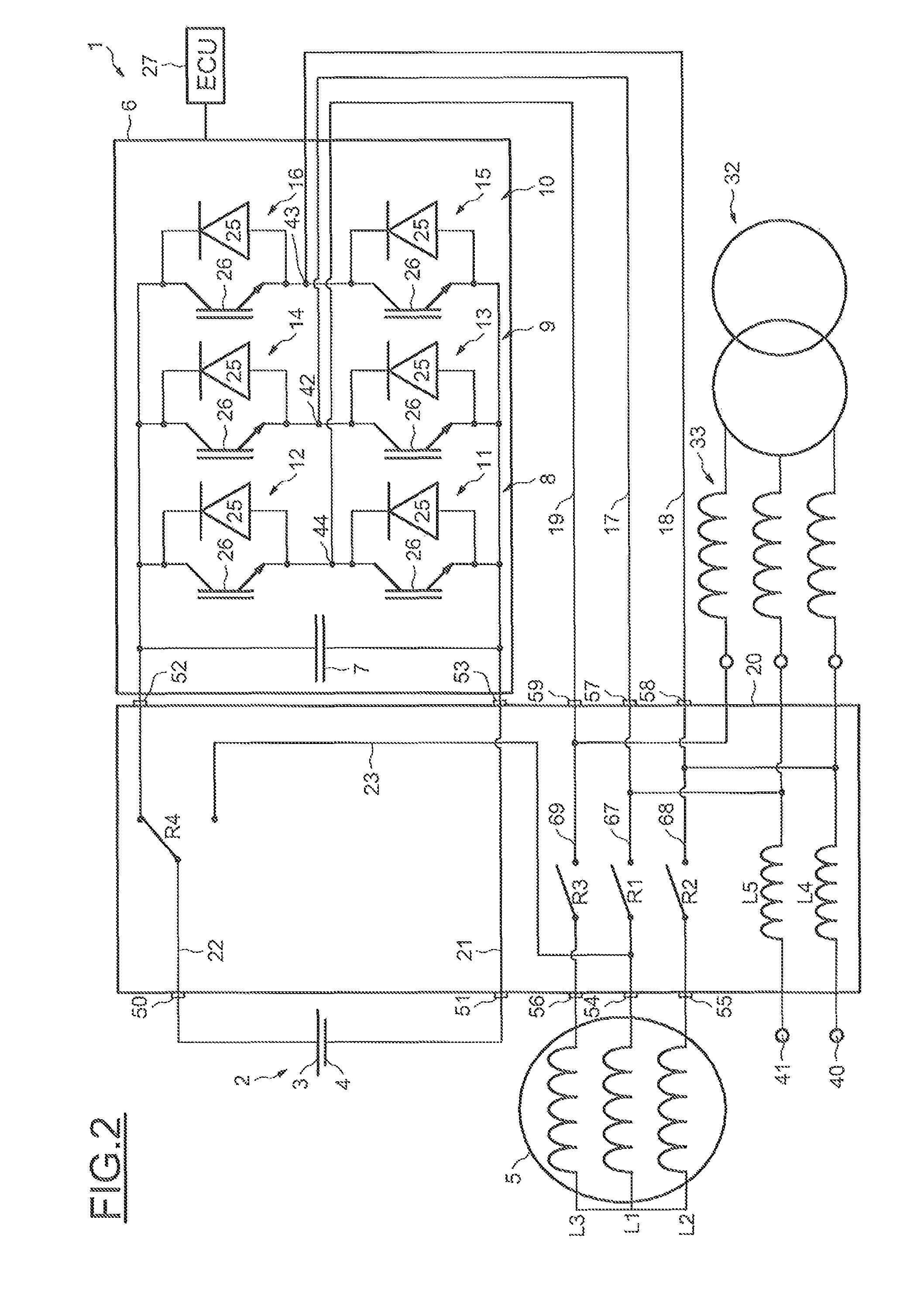 Electric motor assembly rechargeable from an electrical mains system, and dedicated connection housing